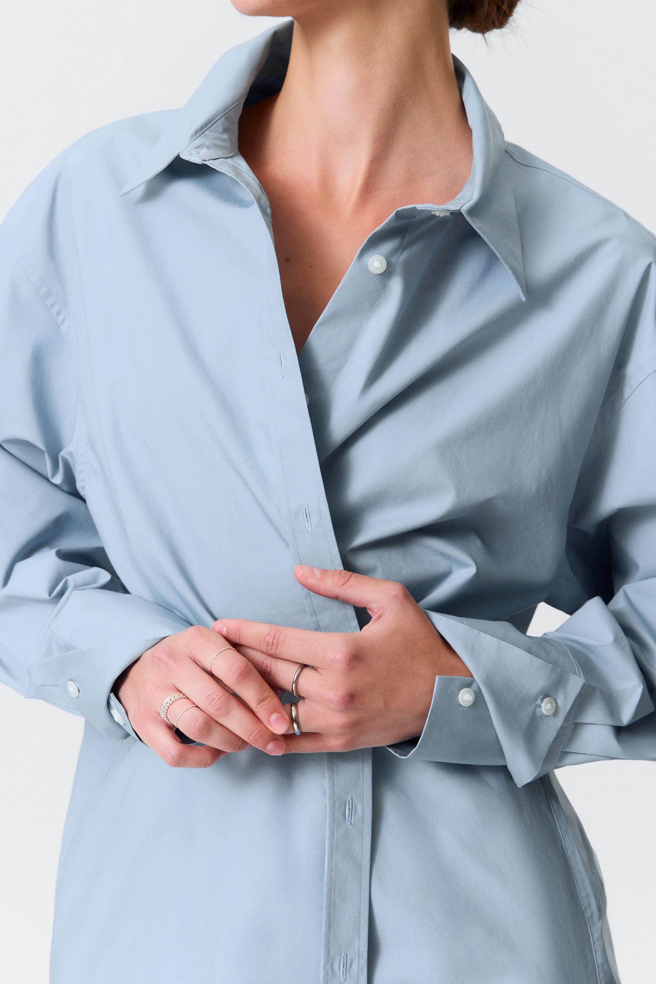 Light Blue - Cross-Buttoned Long-Sleeved Cotton Shirt - 2