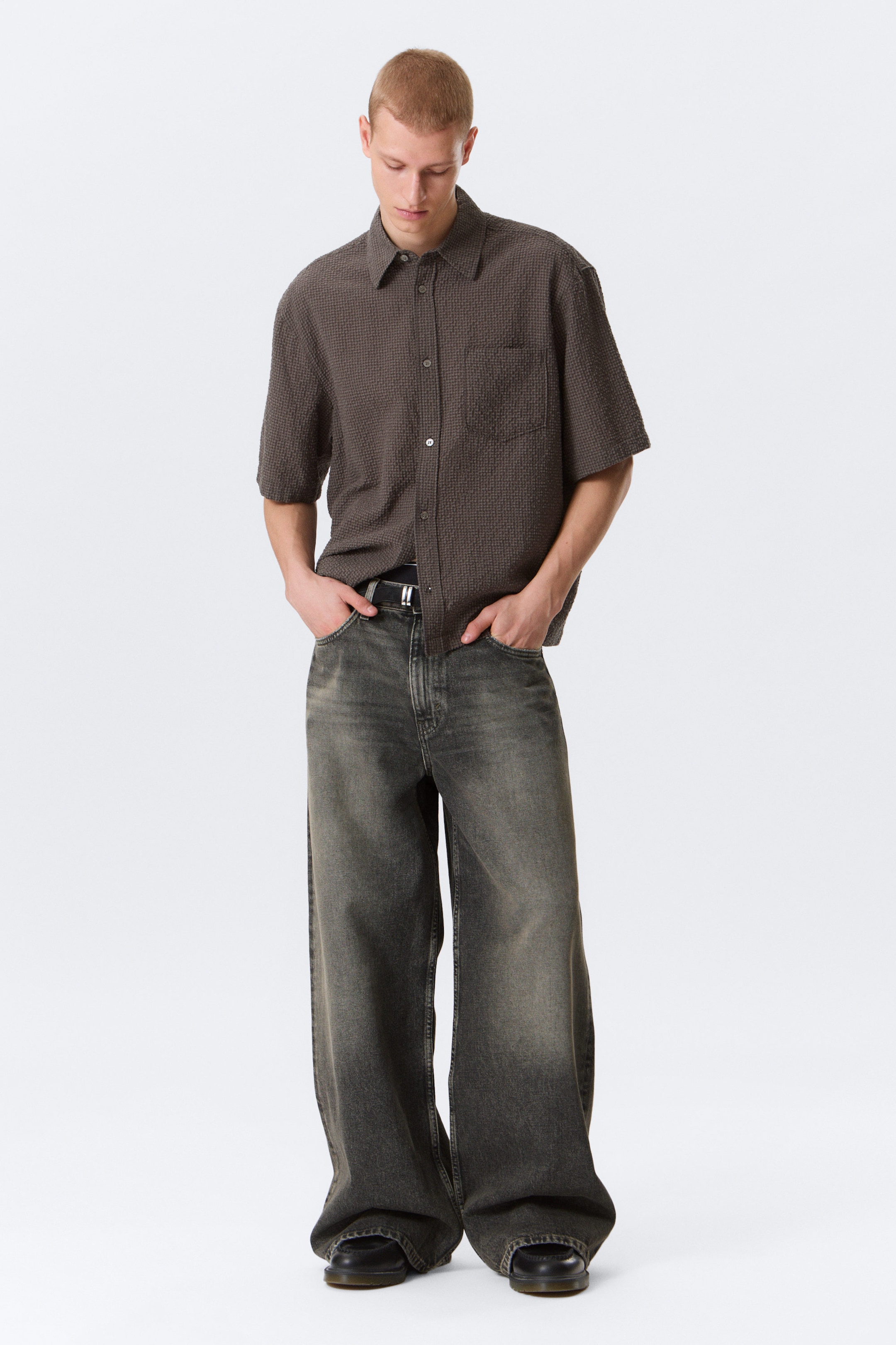 Checked Brown - Relaxed Fit Short-Sleeved Cotton Shirt - 2