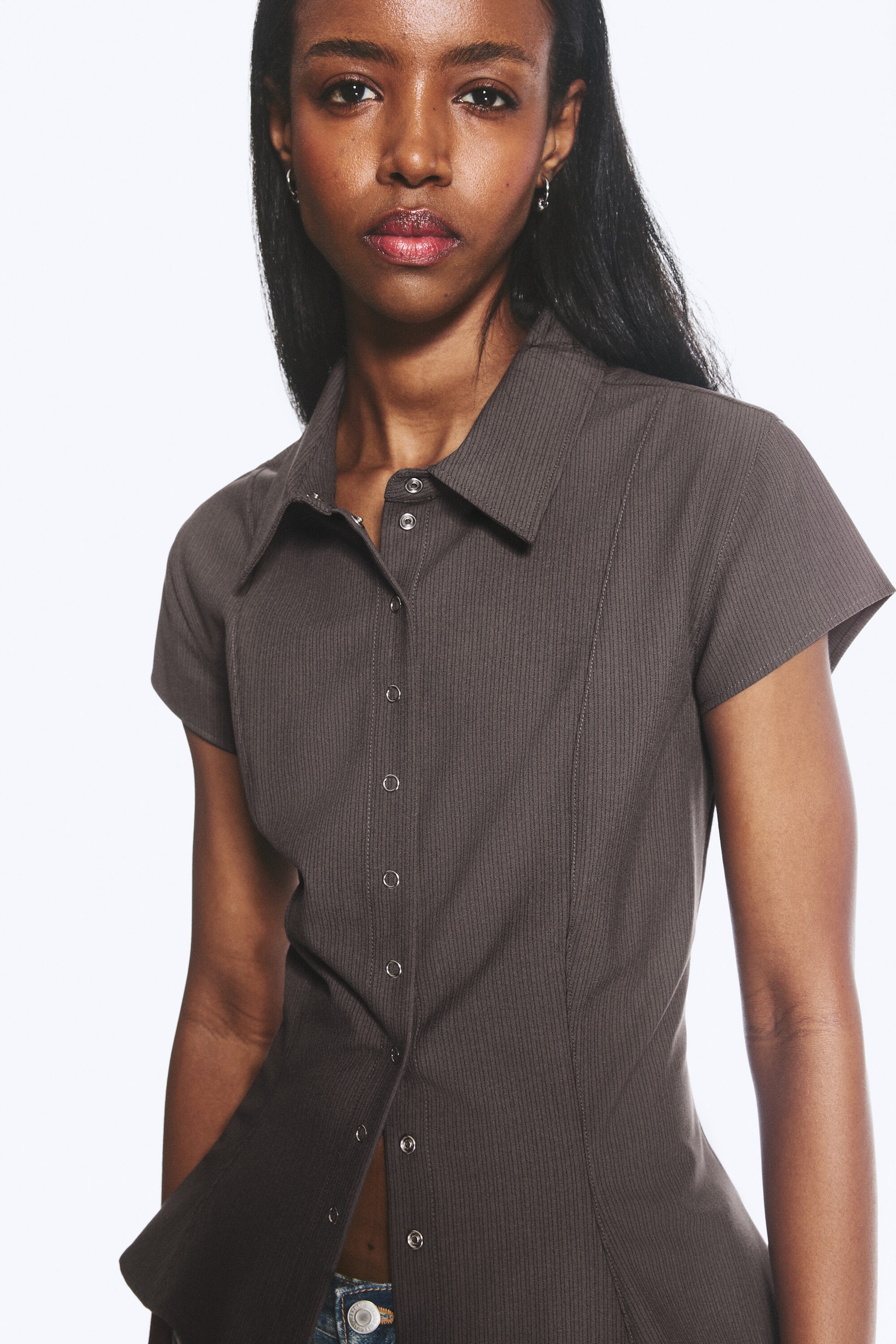 Dark Mole - Slim Fit Short-Sleeved Crepe Shirt - 2