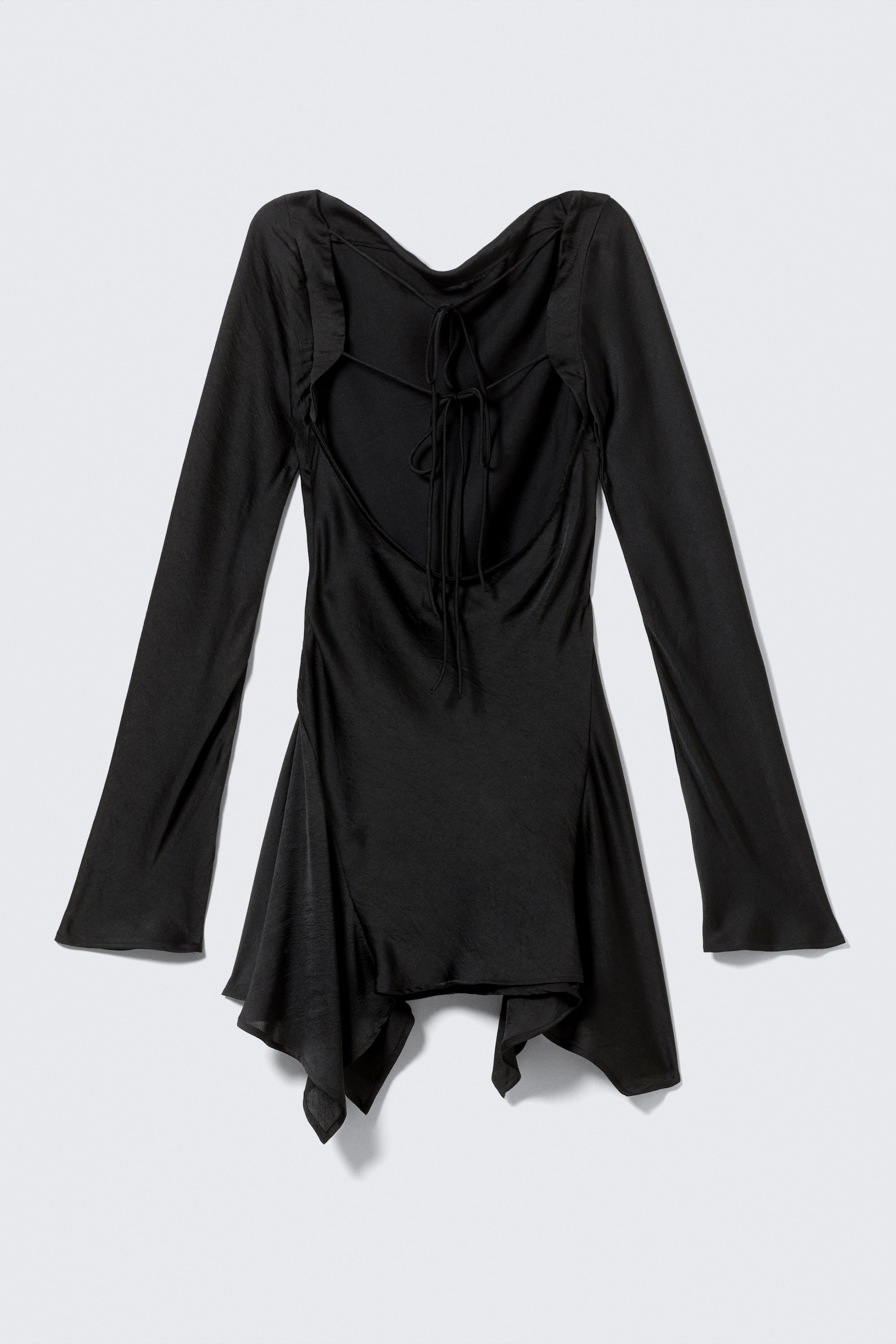 Black - Long-Sleeved Asymmetric Satin Mini Dress - 5