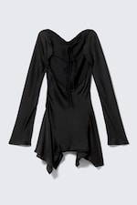 Black - Long-Sleeved Asymmetric Satin Mini Dress - 5