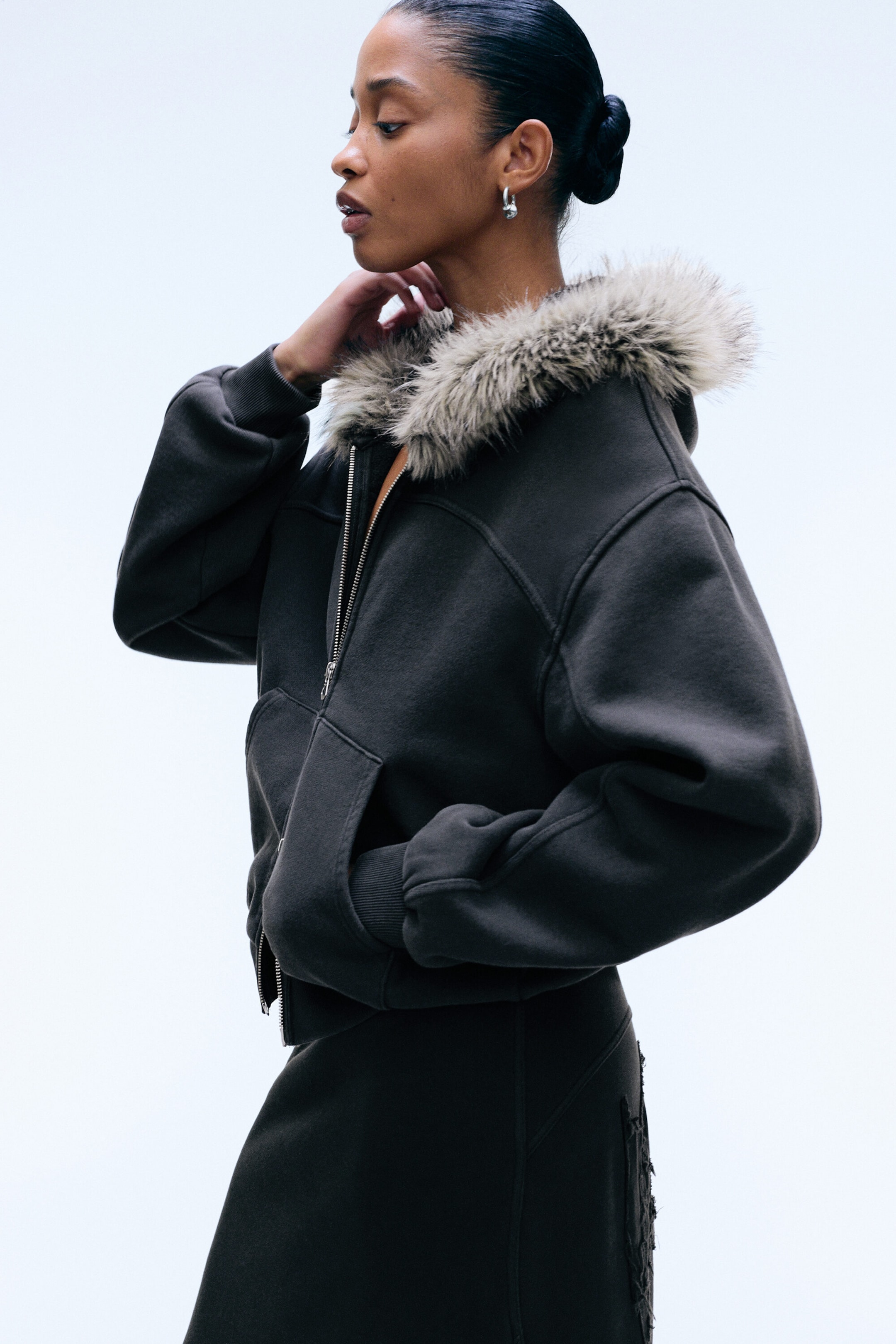 Dark Grey - Faux fur trim hoodie - 2