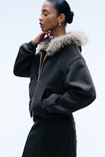 Dark Grey - Faux fur trim hoodie - 2