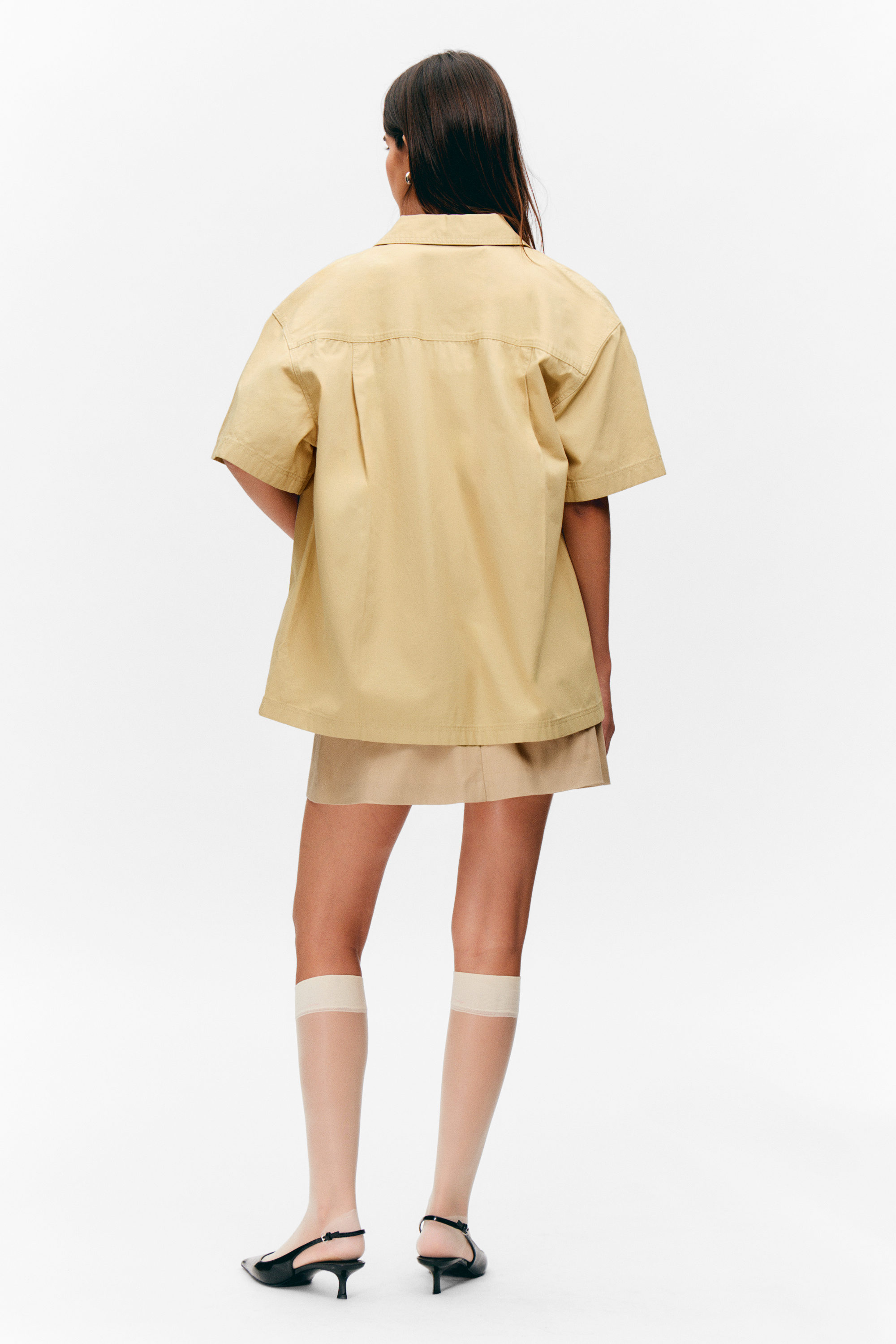 Beige - Oversized overhemd van katoenen canvas met korte mouwen - 2
