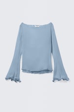 Light Dusty Blue - Sheer Boat-Neck Flared Sleeve Blouse - 0