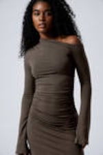 Dark Brown - Gathered Mini Long Sleeve Dress - 1