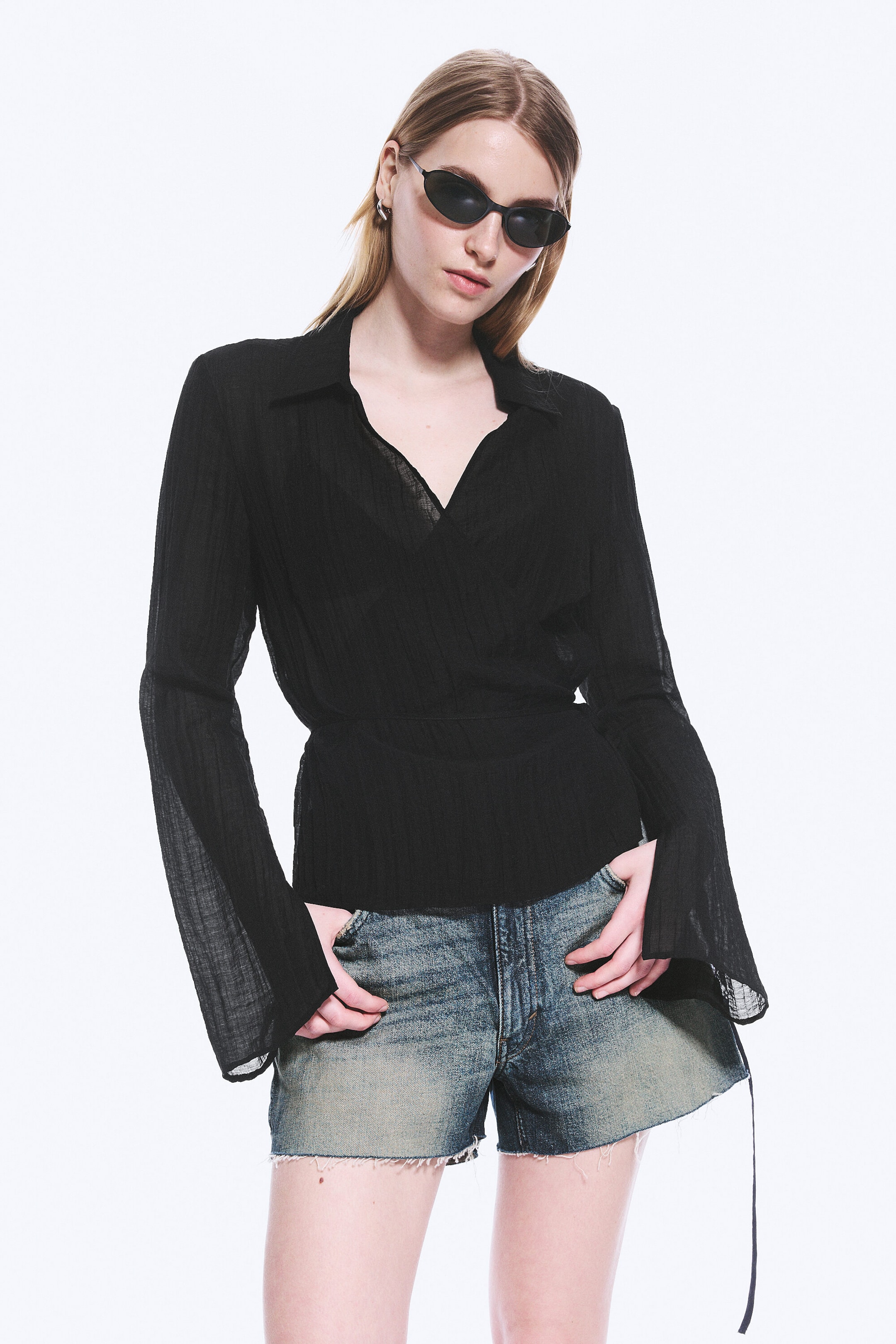 Transparent Black - Textured Long-Sleeved Wrap Shirt - 1