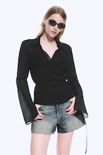 Transparent Black - Textured Long-Sleeved Wrap Shirt - 0