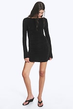 Black - Rhinestones - Gathered Long-Sleeved Boat-Neck Mini Dress - 2