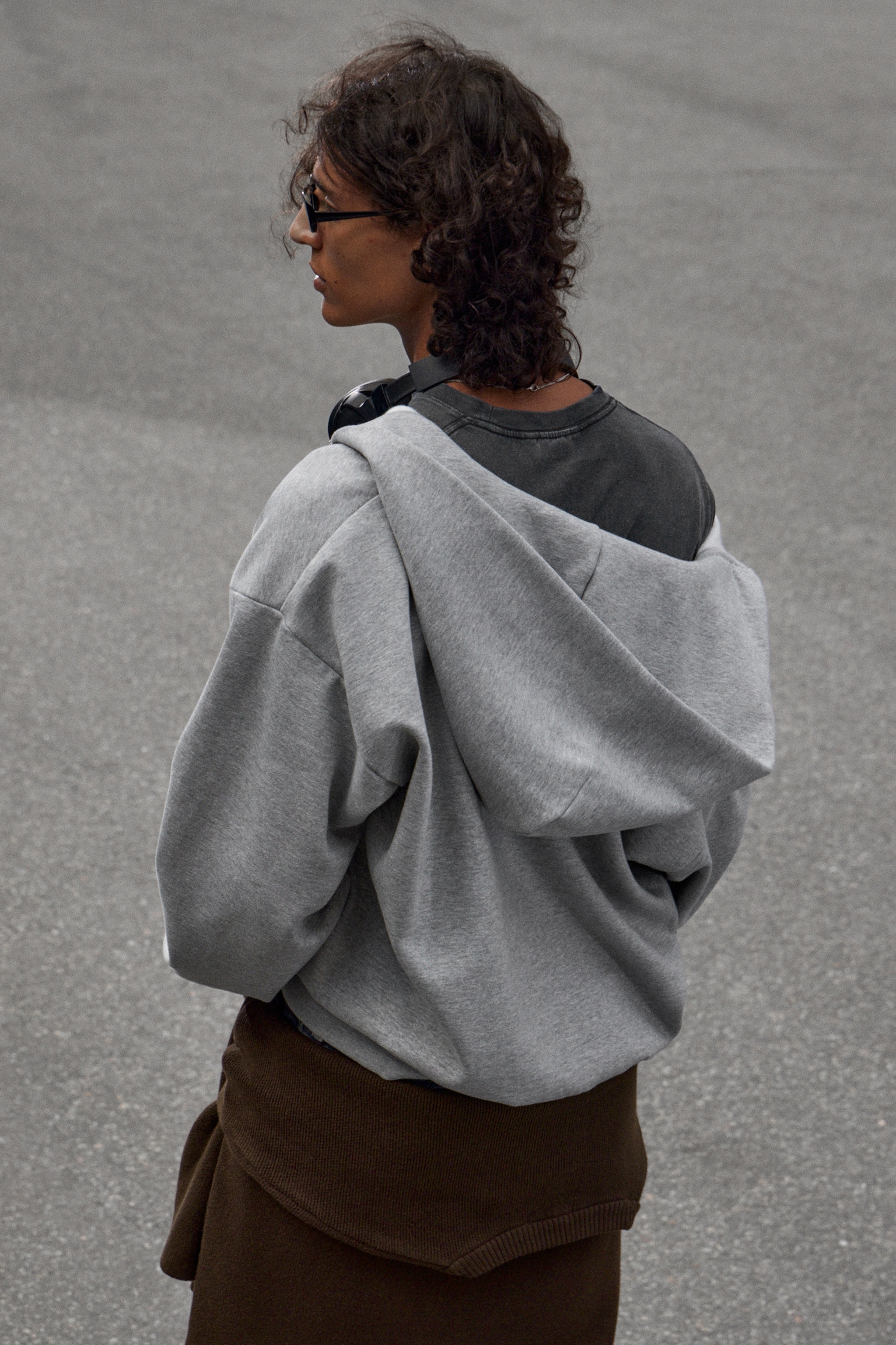 Loose Fit Zip Hoodie - Grey Melange/Dark Brown/Black - 8