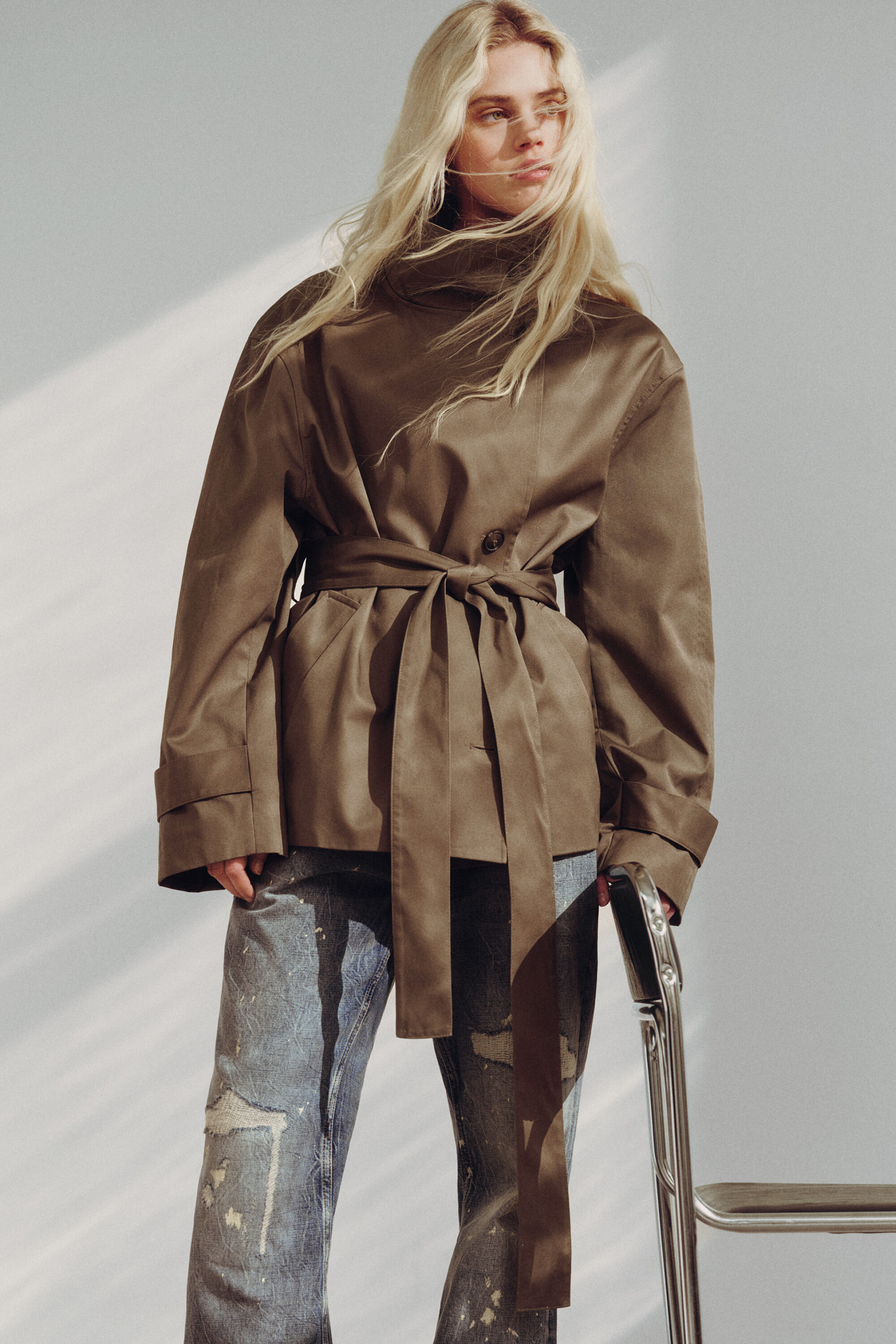 最安値！celon♡shaggy over sized short coat short oversized funnel neck trench coat - Dusty Grey | Weekday WW