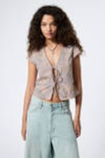 Checked Blue - Bleach Effect - Tie-Front V-neck Cotton Blouse - 0