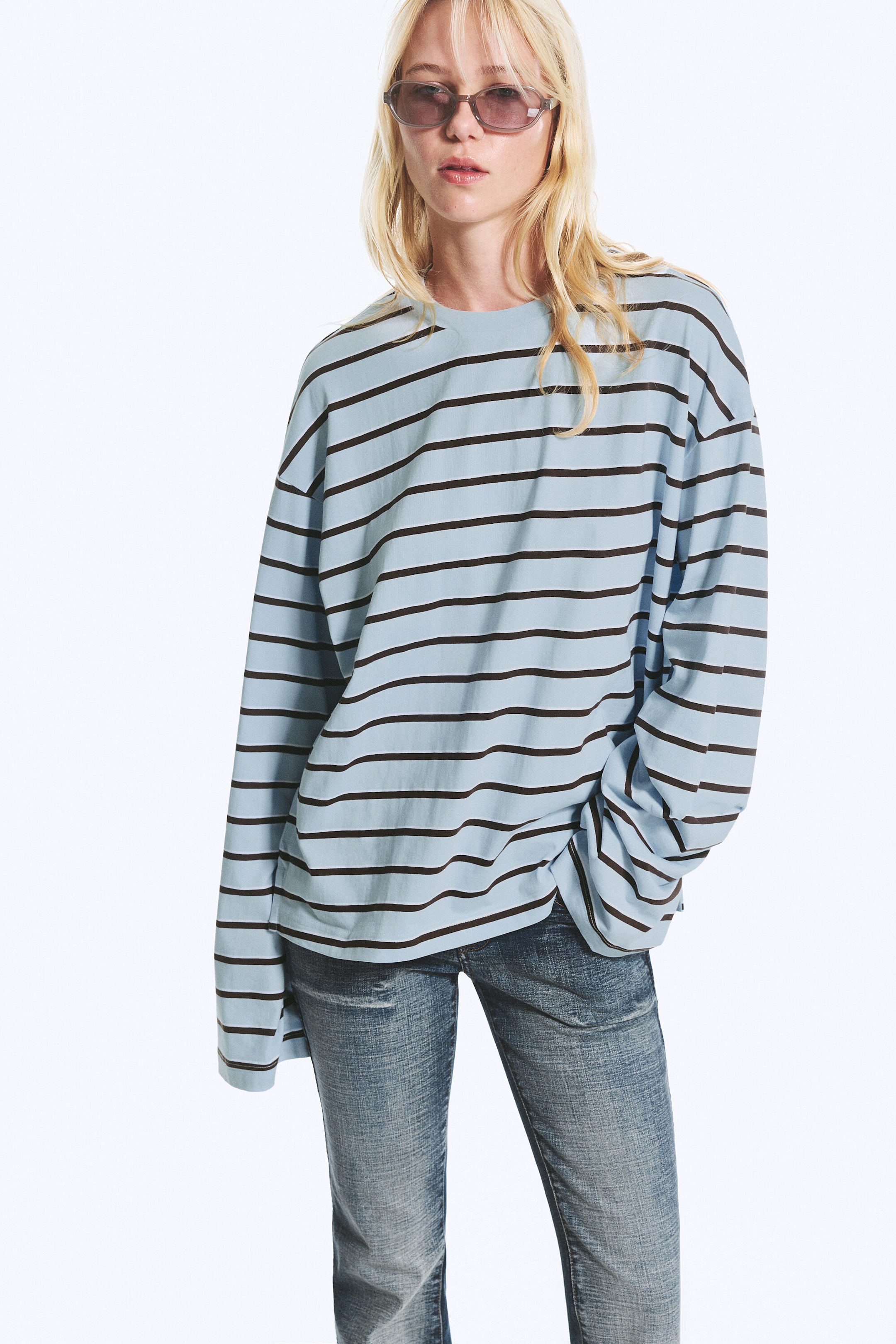 Hellblau/Braun gestreift - Longsleeve-Shirt aus Baumwolle - 2