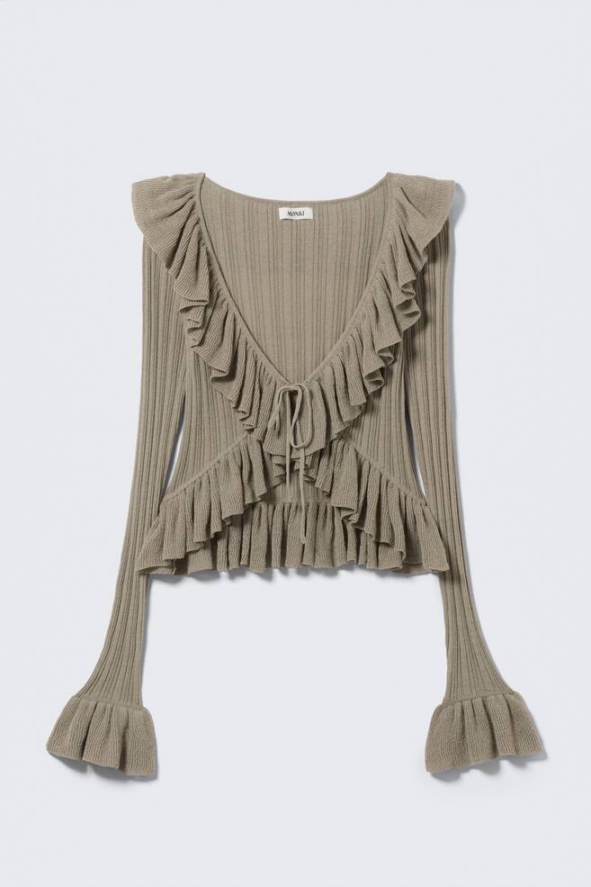 YULIA B FRILLED KNITTED V-NECK CARDIGAN - Dusty Khaki Green/White - 1