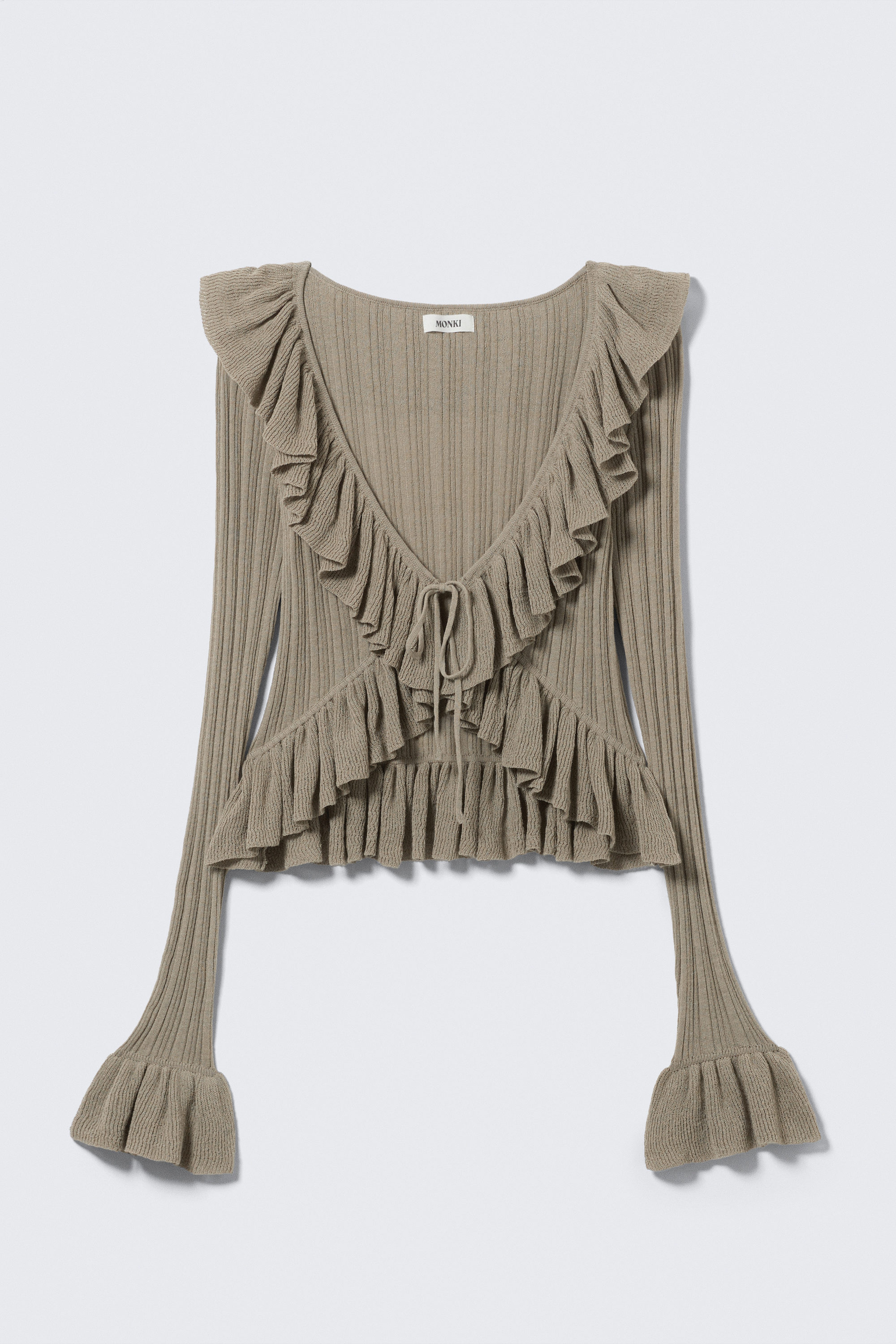 yulia b frilled knitted v-neck cardigan - Dusty Khaki Green | Monki EU