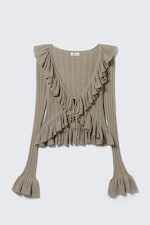 Dusty Khaki Green - YULIA B FRILLED KNITTED V-NECK CARDIGAN - 4