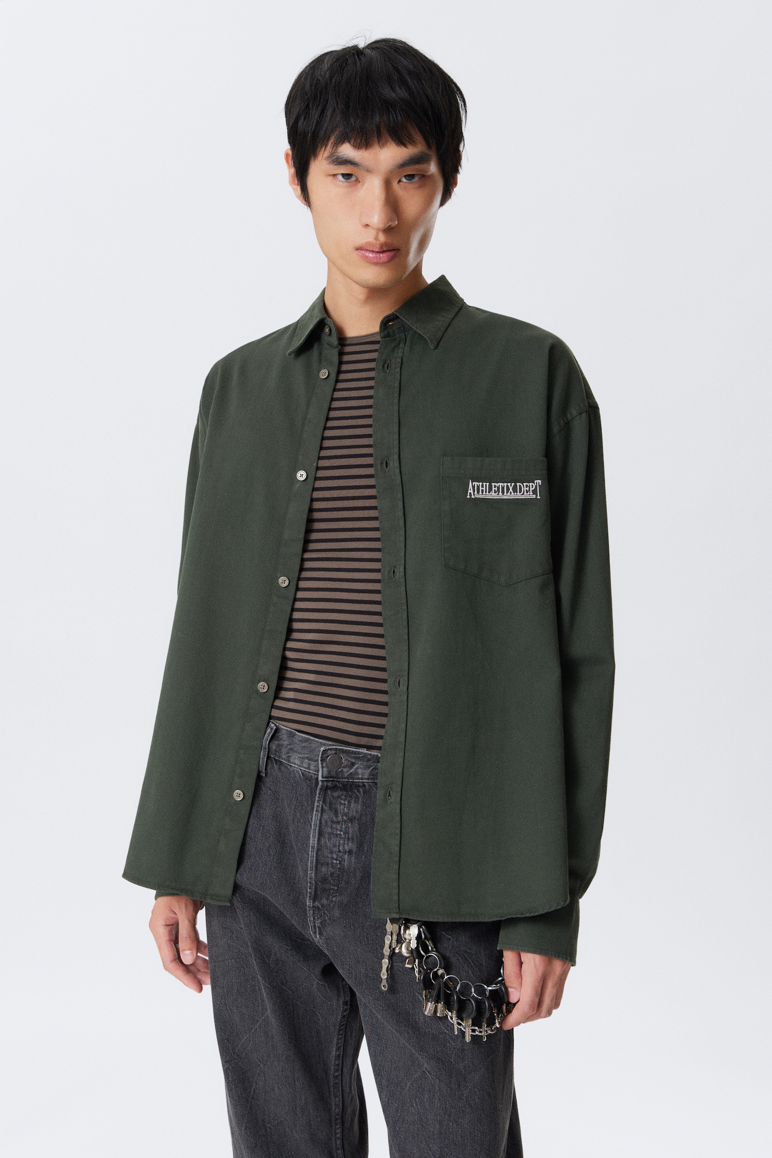 Embroidered Oversized Cotton Shirt - Dark Green/Beige
