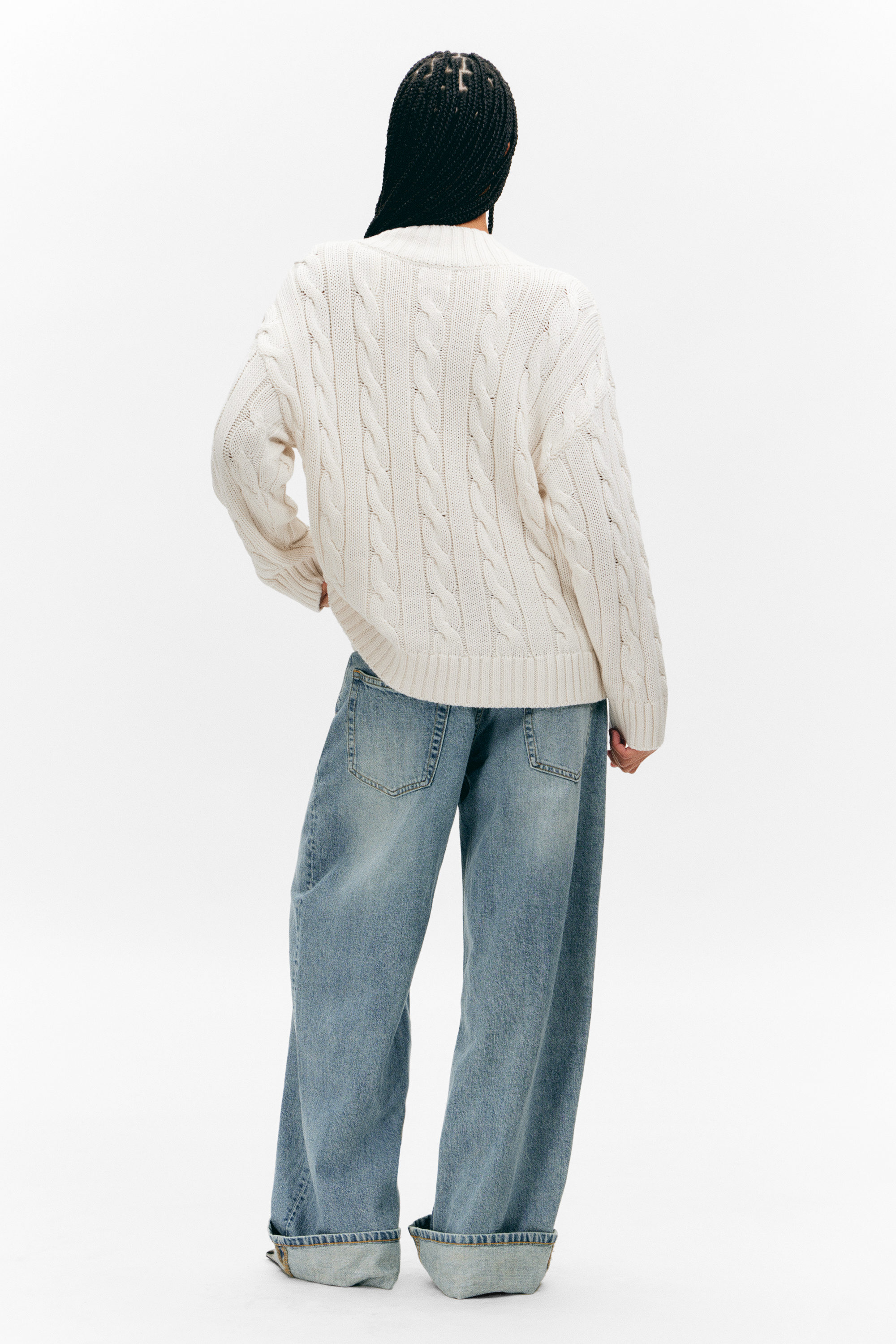 White - Cable Knit V-Neck Sweater - 2