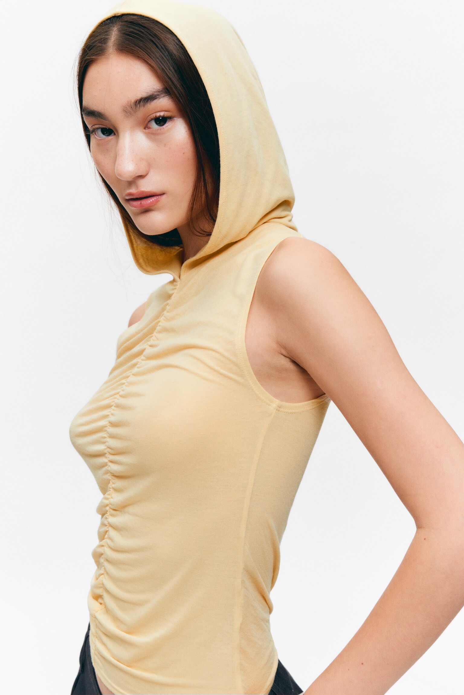 Ruched Hooded Tank Top - Light Beige/Blue - 5