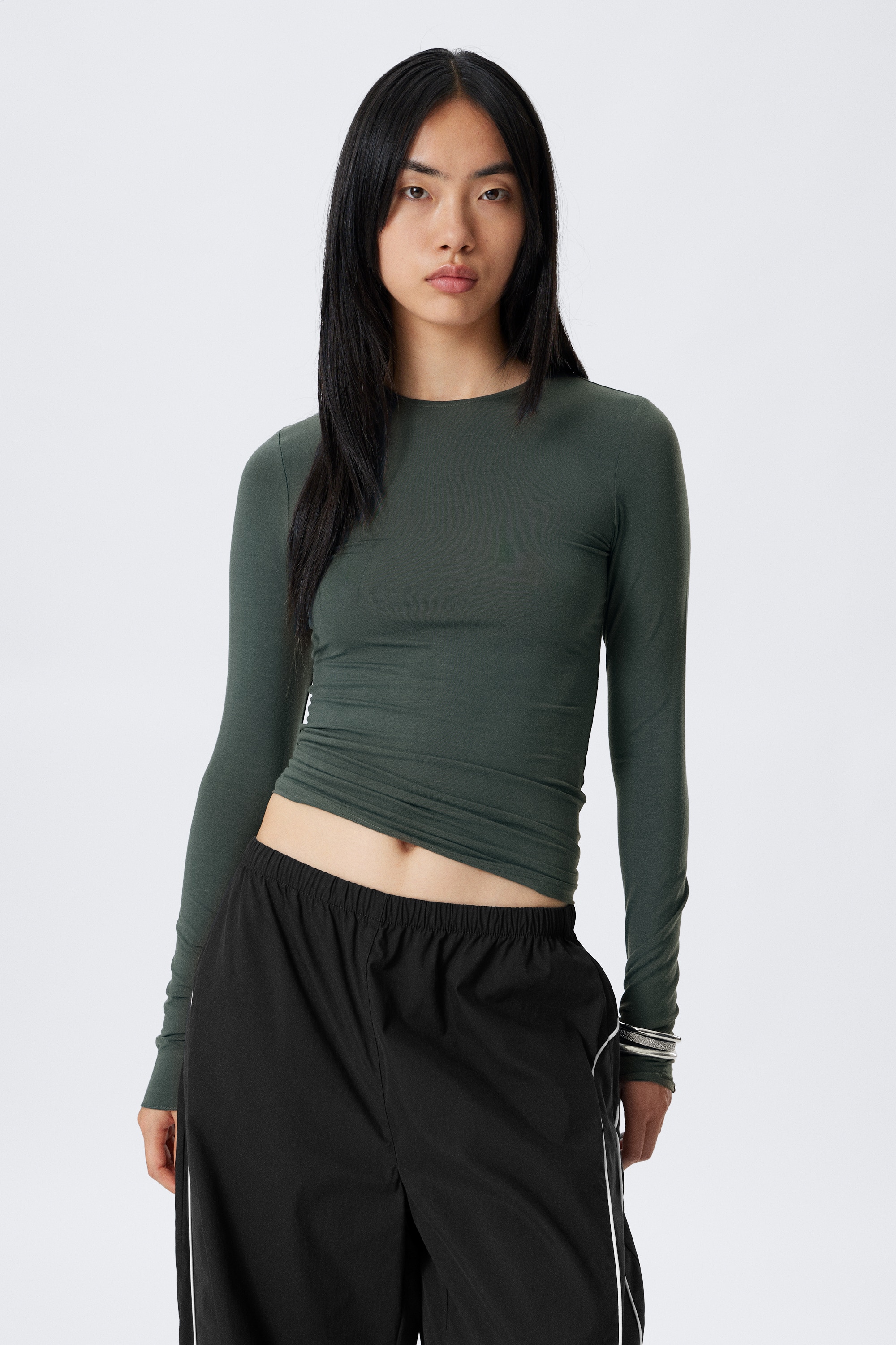 Top in lyocell a maniche lunghe - Verde petrolio/Nero/Grigio azzurrato