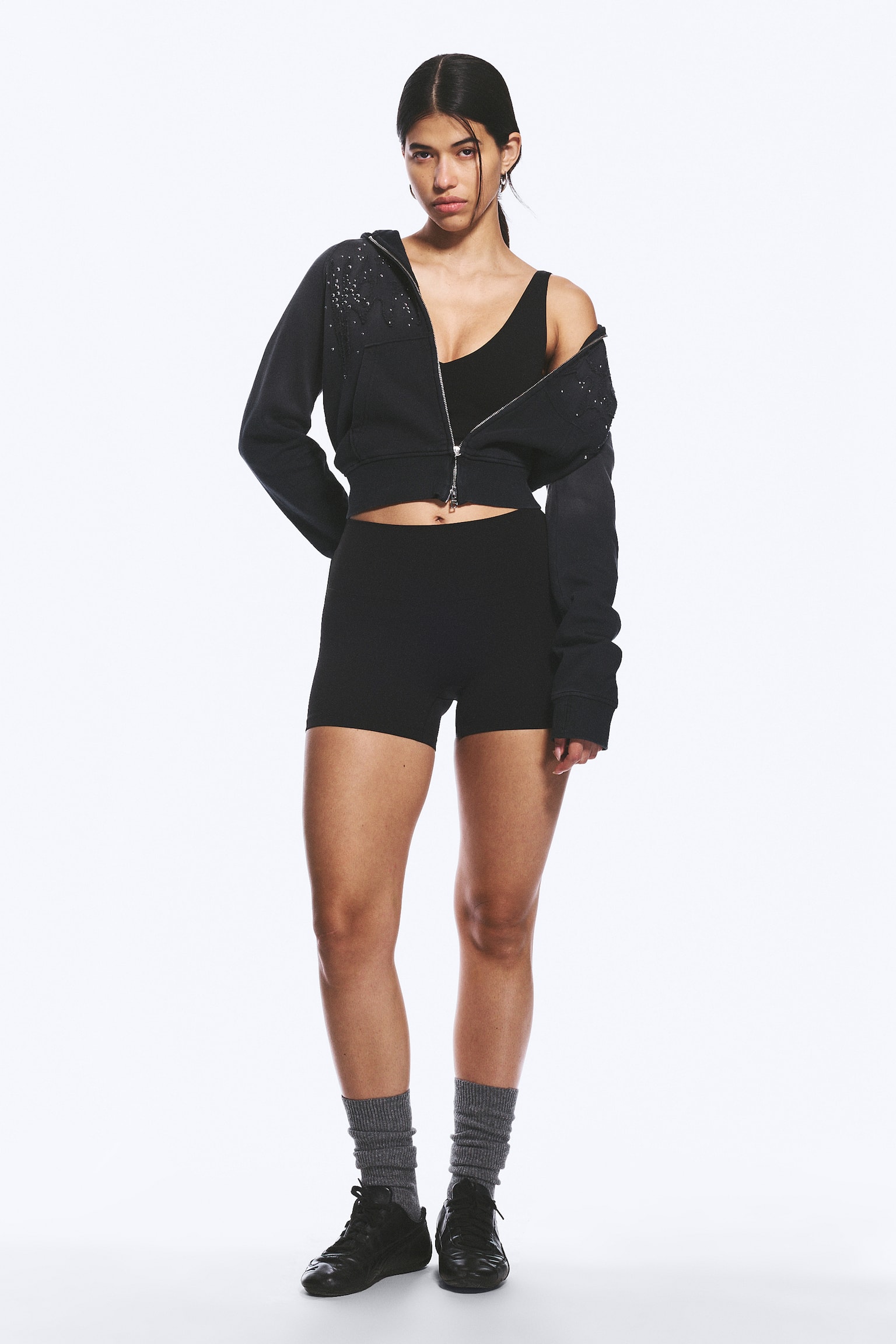 Sportieve fietsshort met hoge taille - Zwart/Donkerblauw/Lichtgrijs/Wit - 1