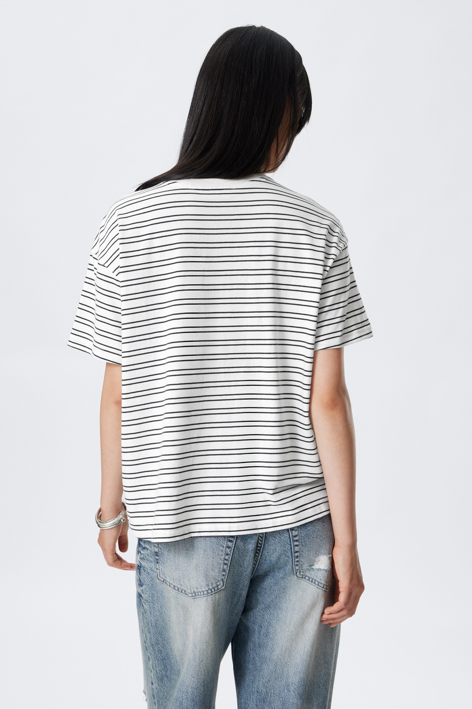 Striped White - Relaxed Boxy Cotton T-shirt - 2