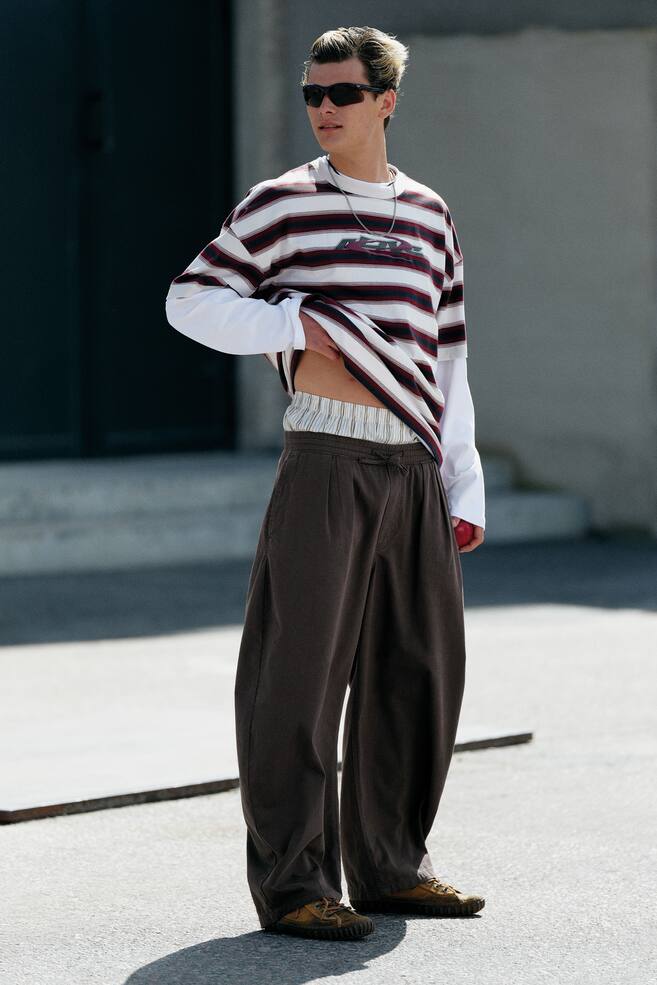 Pantalones de Corte Barril con Cintura Elástica - Marrón oscuro/Negro/Beige empolvado - 1