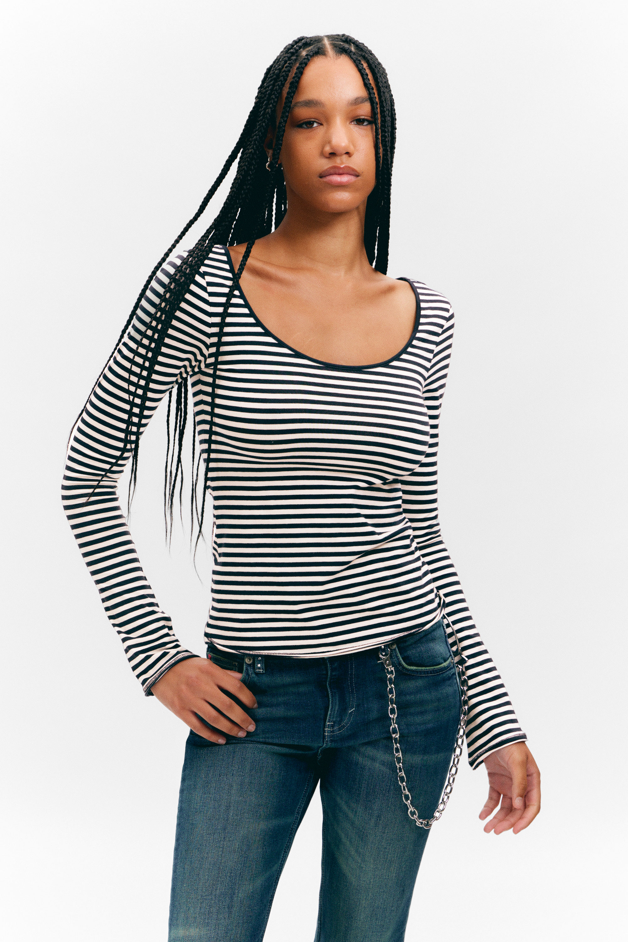 Black & White Stripes - Long-Sleeved Slim Fit Scoop Neck Top - 1
