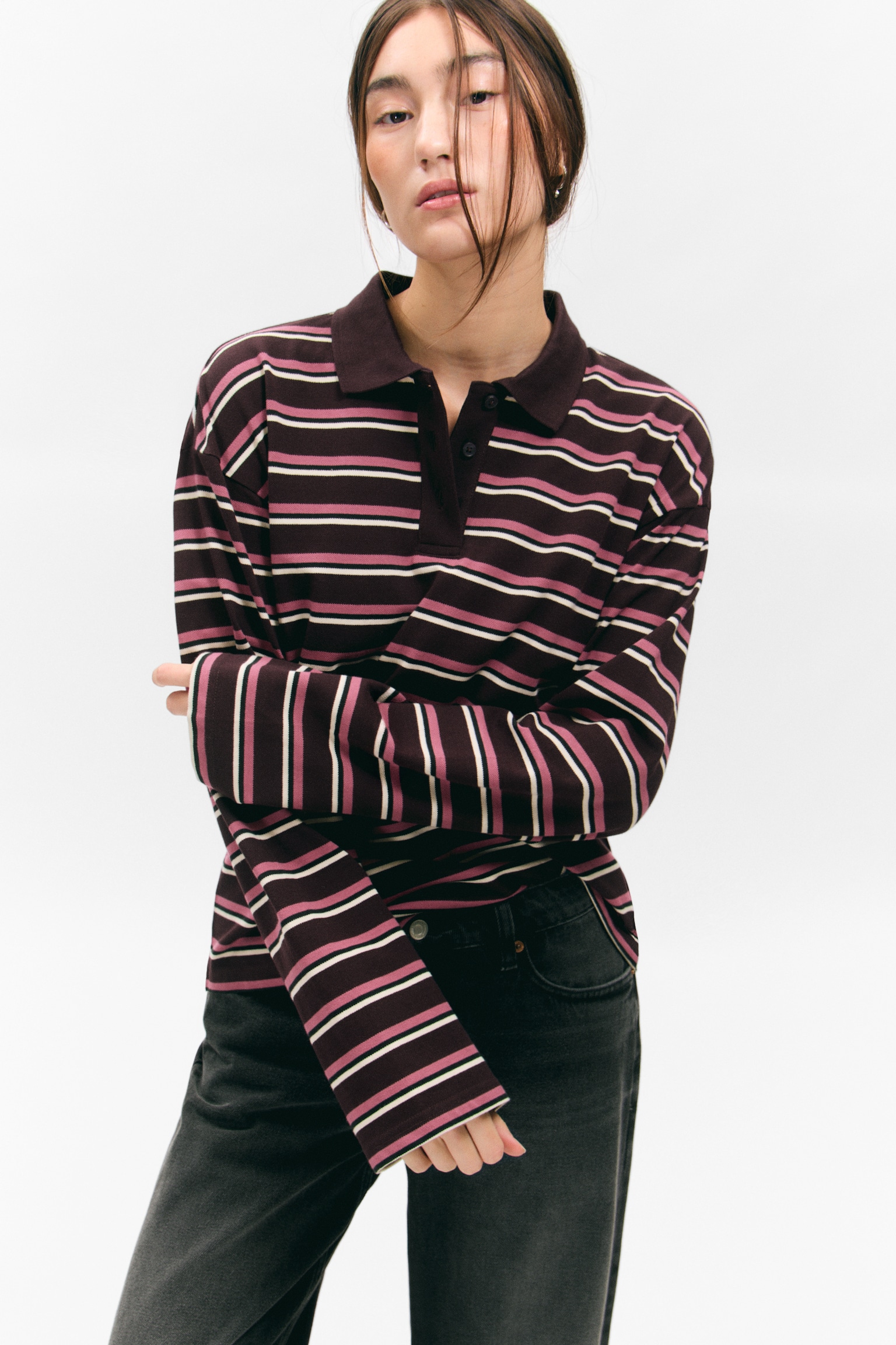 Langärmliges Poloshirt aus Baumwolle - Dunkle Pflaume - Rosa Streifen/Dunkelbraun gestreift/Hellrosa gestreift/Weiß - Schwarze Punkte