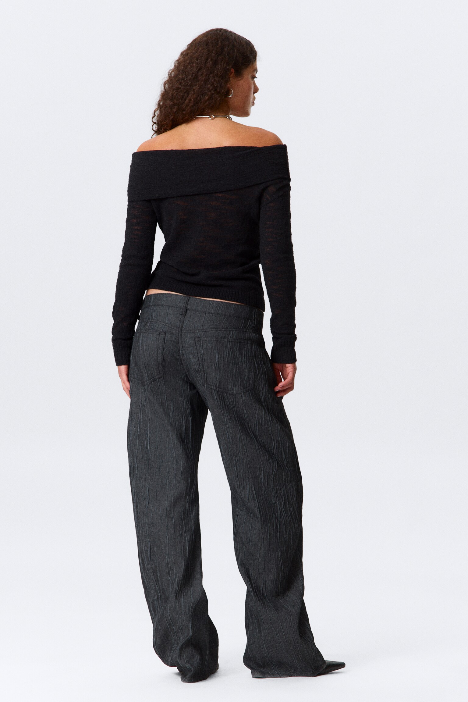 Off-Shoulder Knitted Sweater - Black/Dark Brown - 5