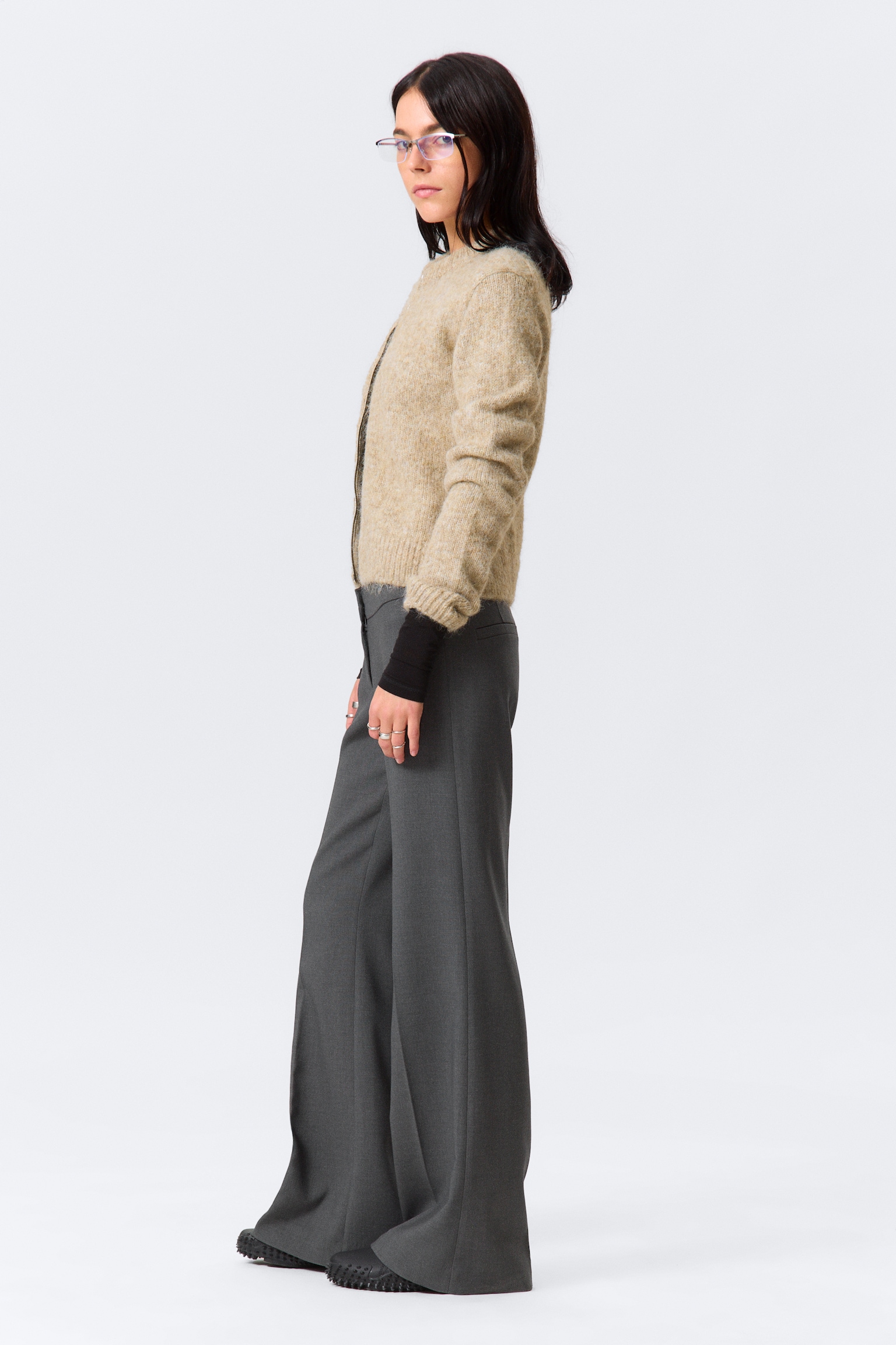 Pantalon de costume évasé taille mi-haute - Gris foncé chiné/Noir - 3