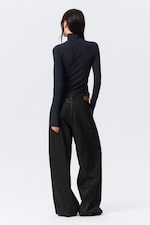 Striped Dark Blue - Fitted Striped Turtleneck Top - 2