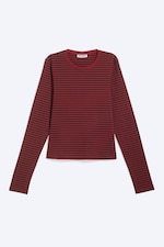 Striped Dark Red - Slim Long-Sleeved Cotton Top - 4