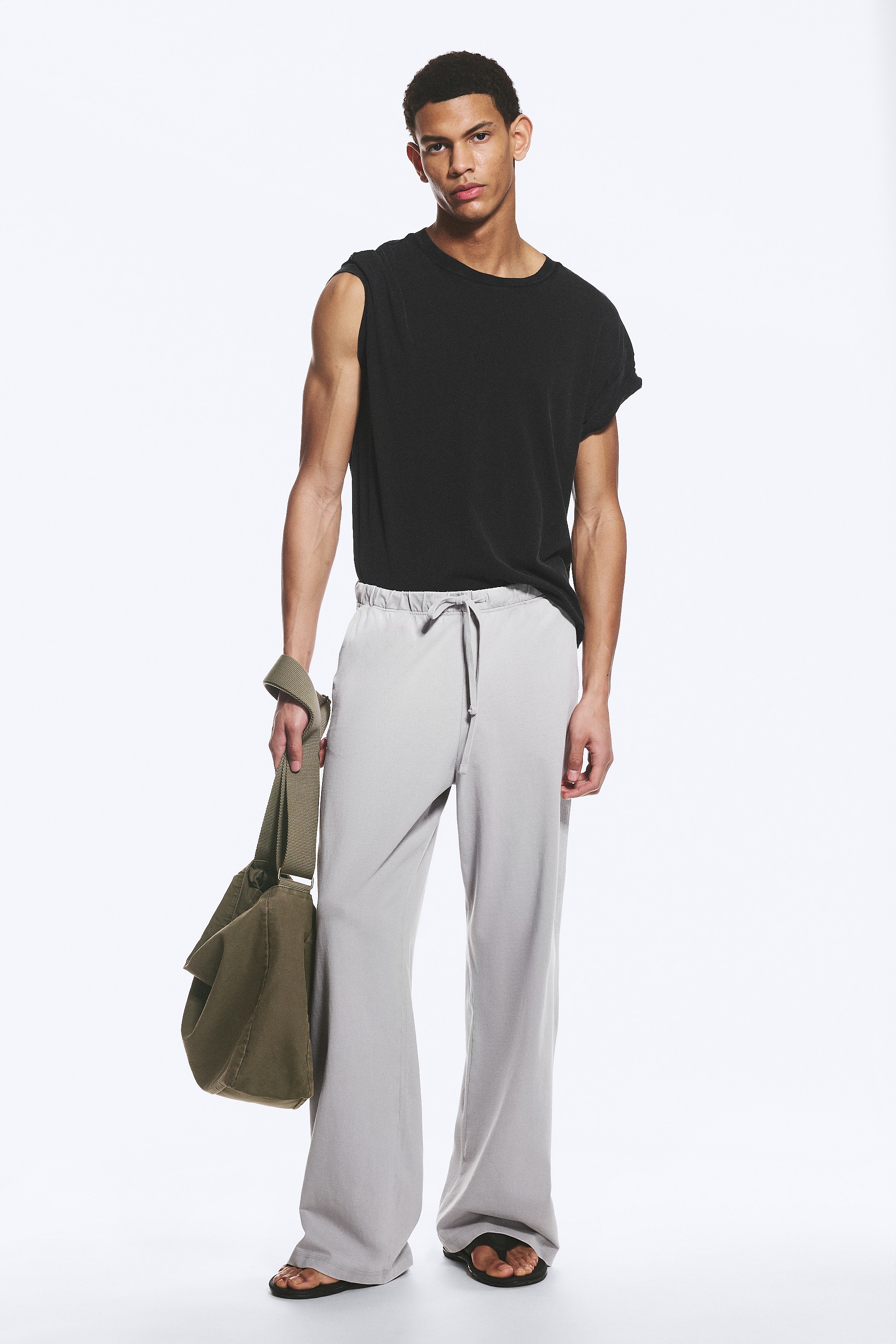 Calças De Pijama Largas Em Algodão - Cinzento claro sujo/Verde caqui poeira/Preto