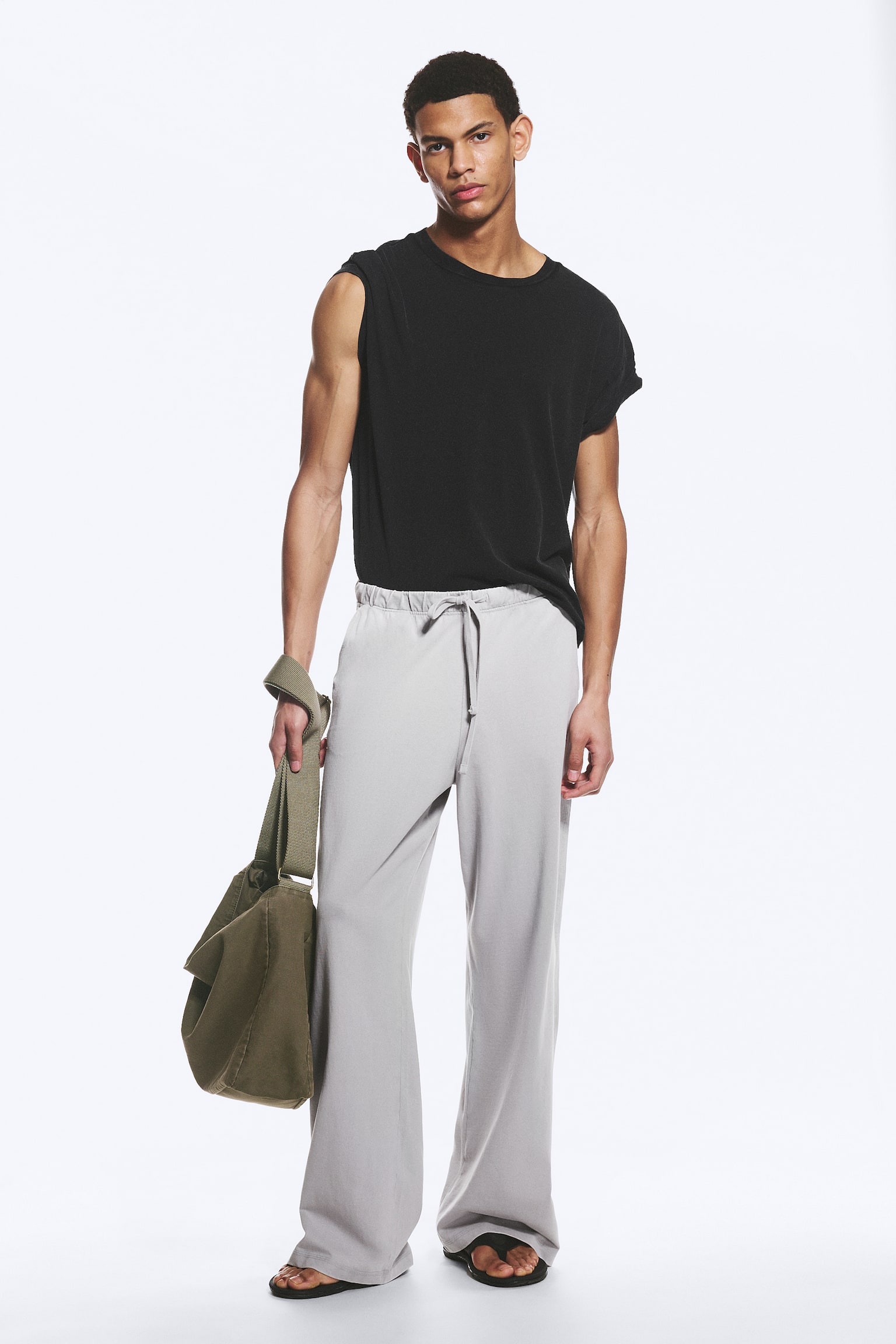 Pantaloni lounge ampi in cotone - Grigio polvere chiaro/Nero/Verde kaki polvere - 1