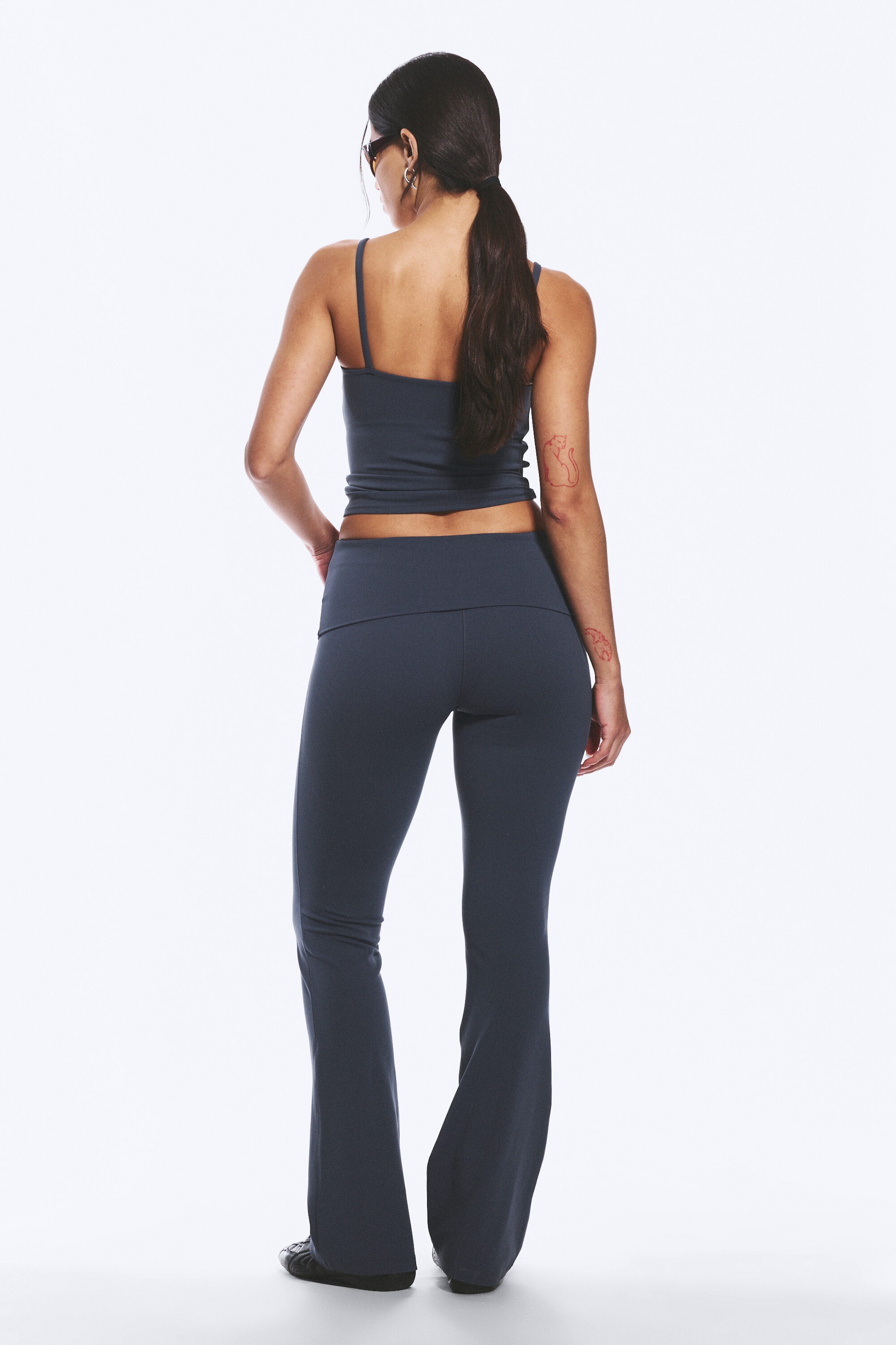 Dark Blue - Folded Waist Flared Yoga Tights - 3