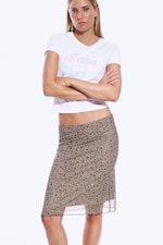 Khaki/Burgundy - Floral - Layered Mesh Midi Skirt - 1