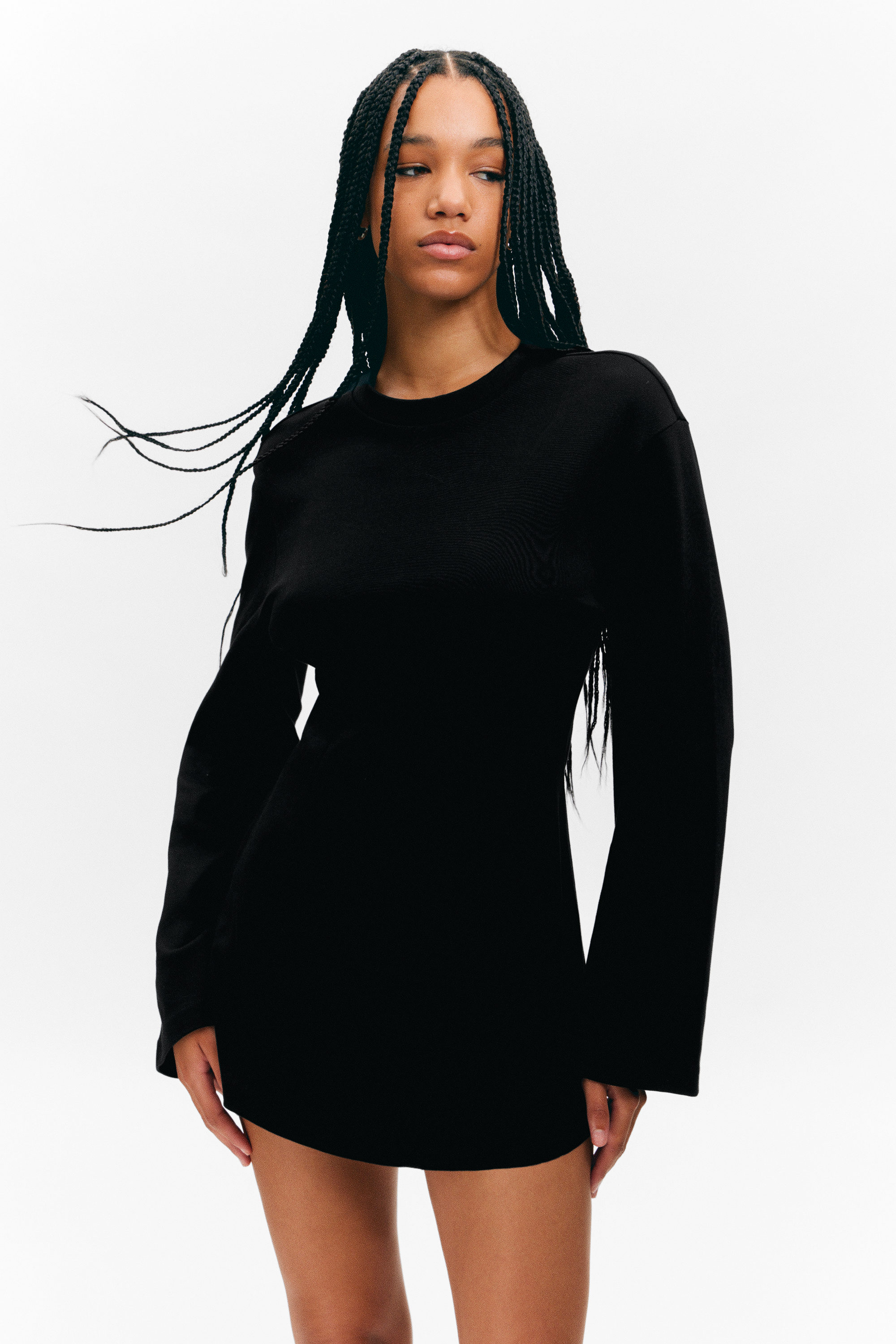 Black - Long-SleevedCottonMiniDress - 2