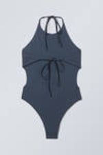 Mörkblå - Halter-neck baddräkt med knyt - 5