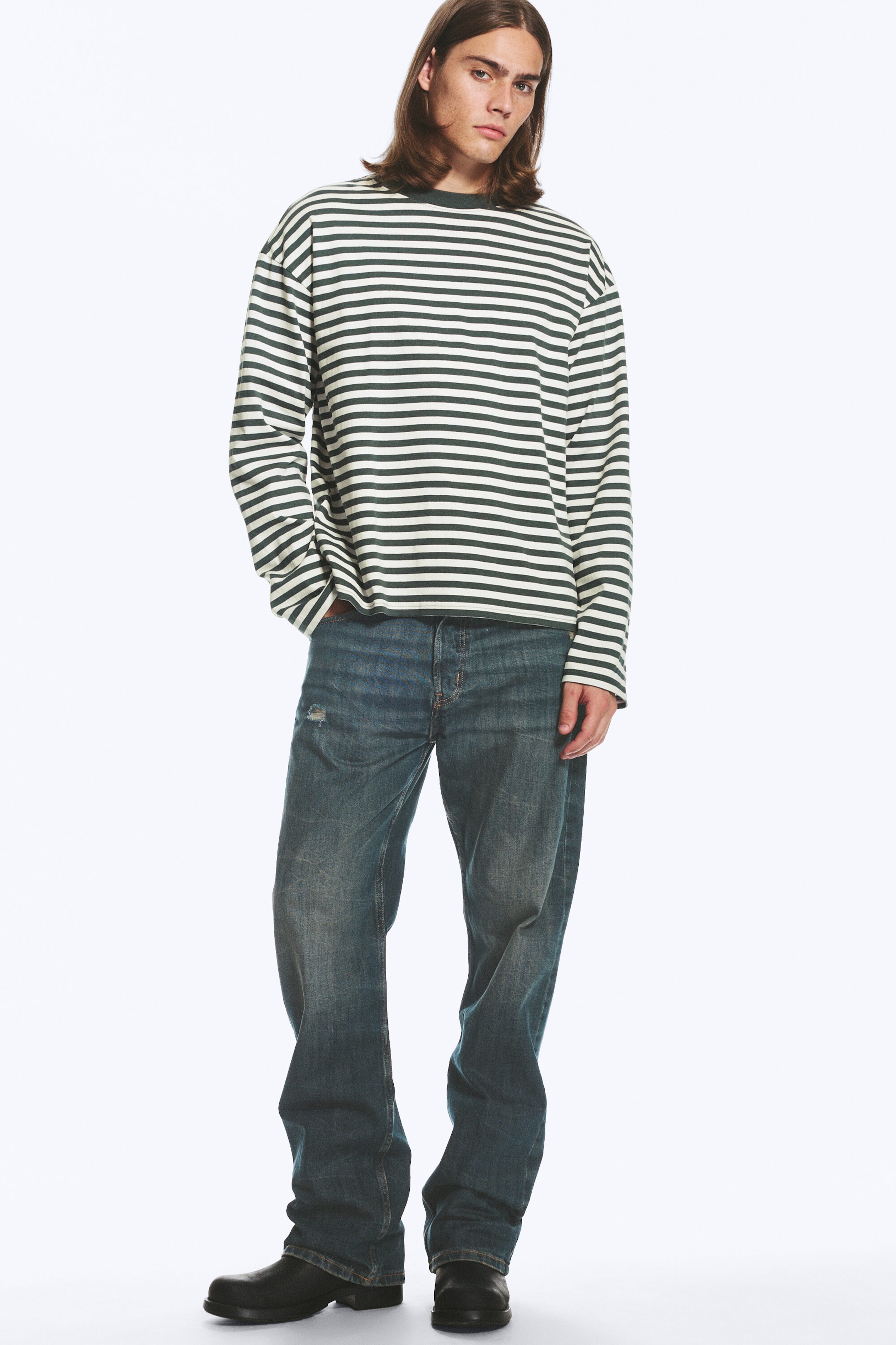 Striped Green/White - Loose Boxy Long-Sleeved T-shirt - 2