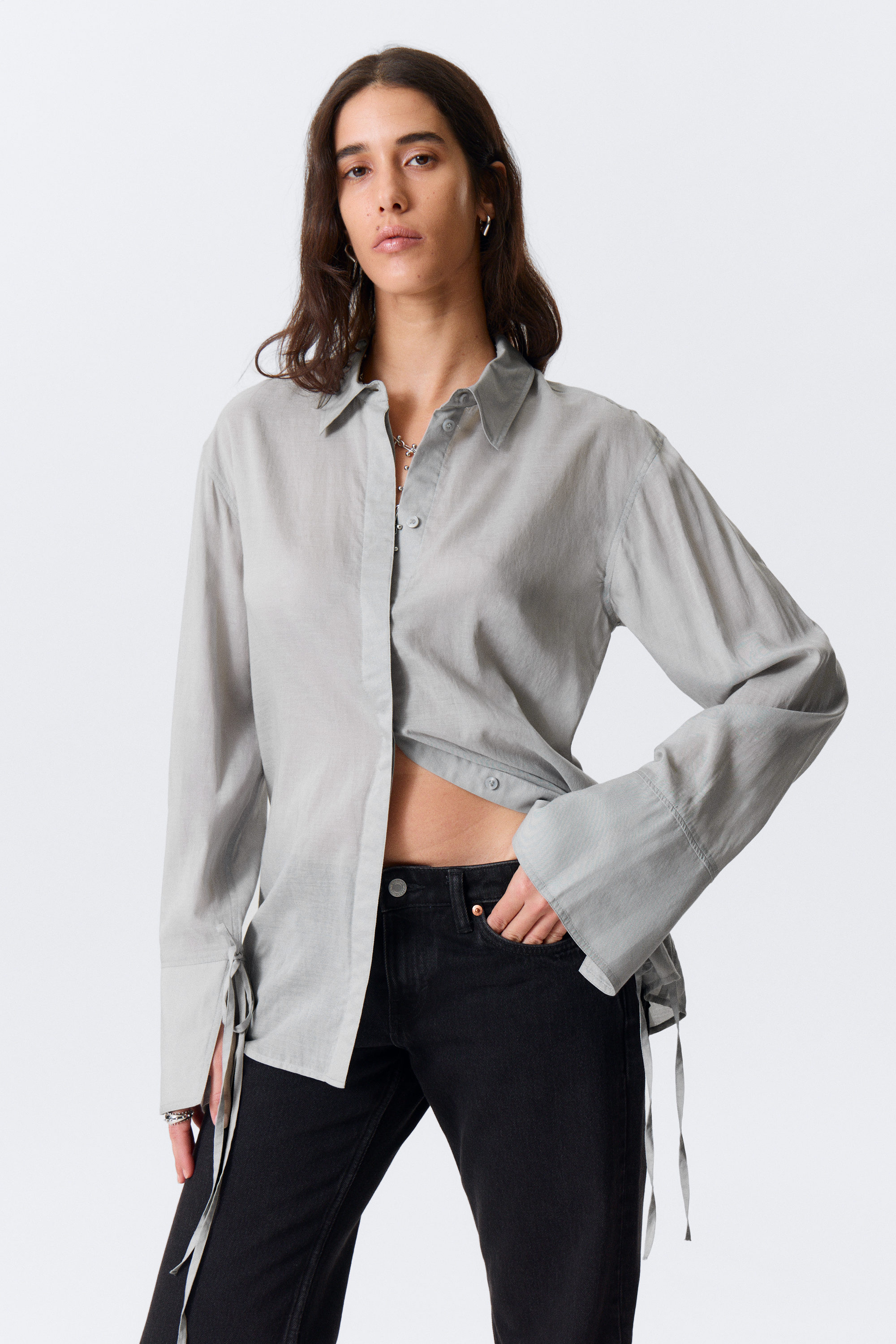 Dusty Grey - Long-Sleeved Open Back Tie Shirt - 0