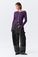Dark Purple - Ribbed Fitted Zip Cardigan - 1