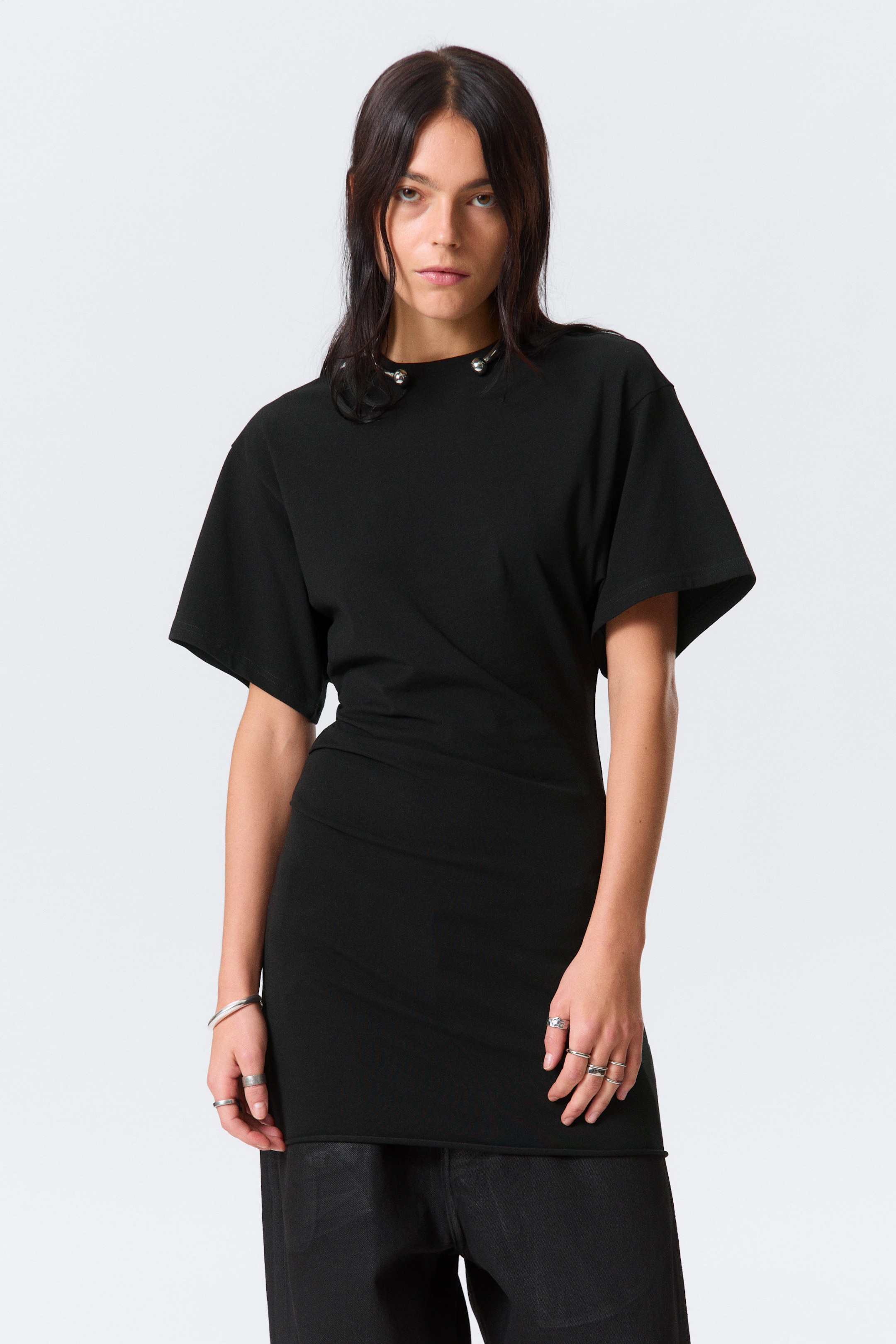 Black - Short-Sleeved Mini T-shirt Dress - 2