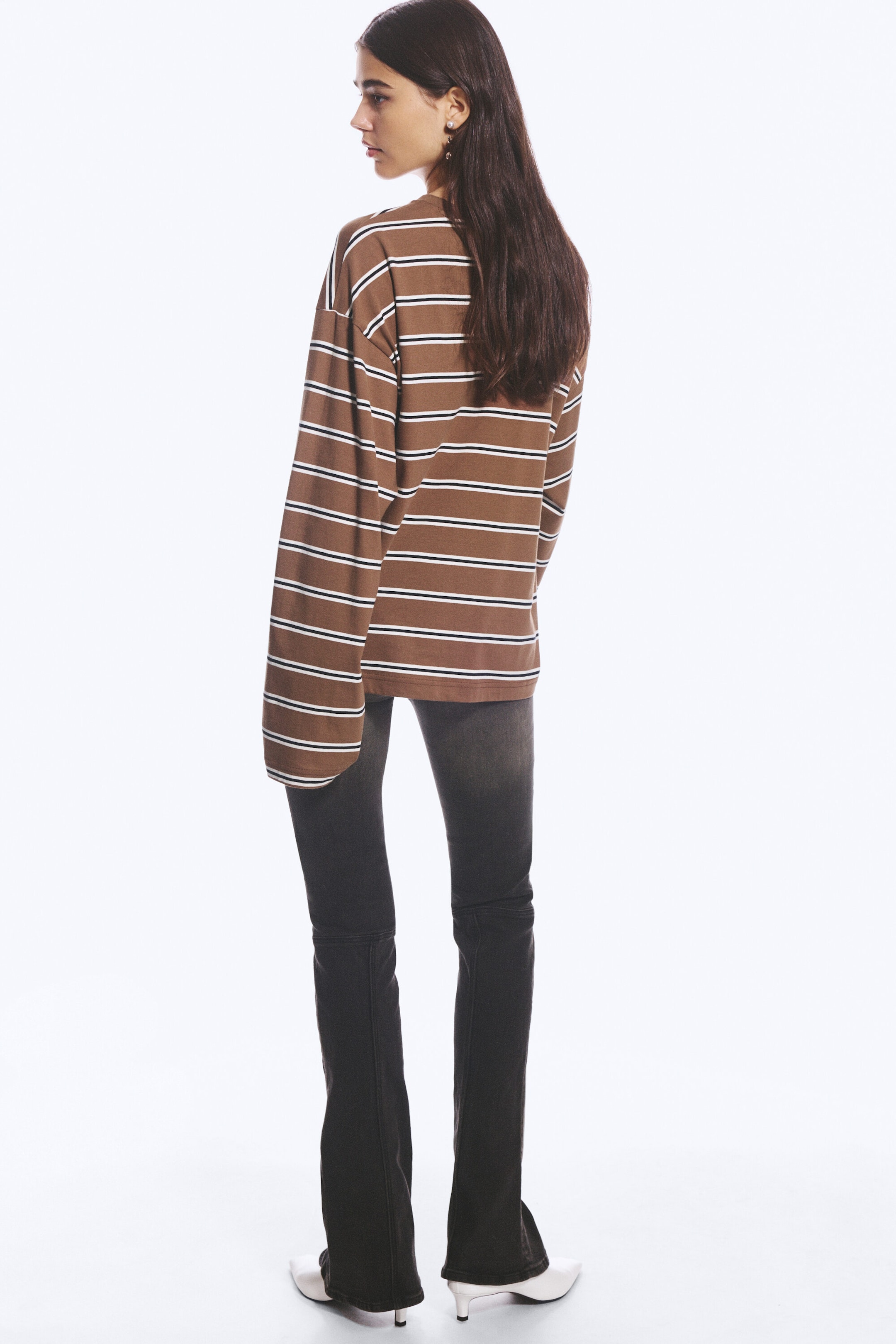 Brown/White Stripe - Long-Sleeved Cotton T-shirt - 2