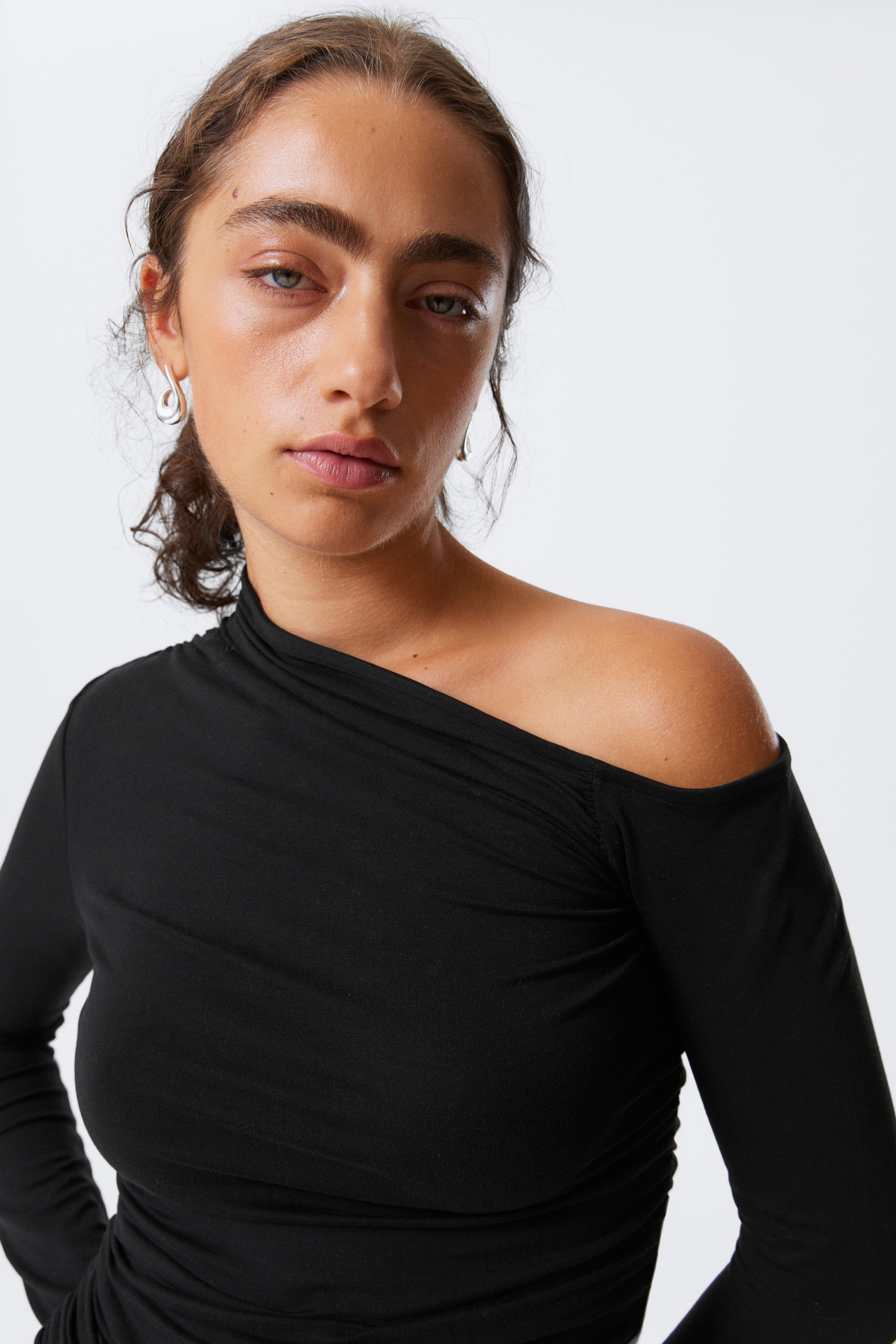 Gathered Mini Long Sleeve Dress - Black/Dark Brown - 6