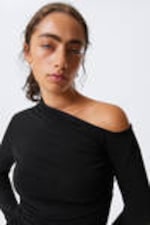 Black - Gathered Mini Long Sleeve Dress - 1