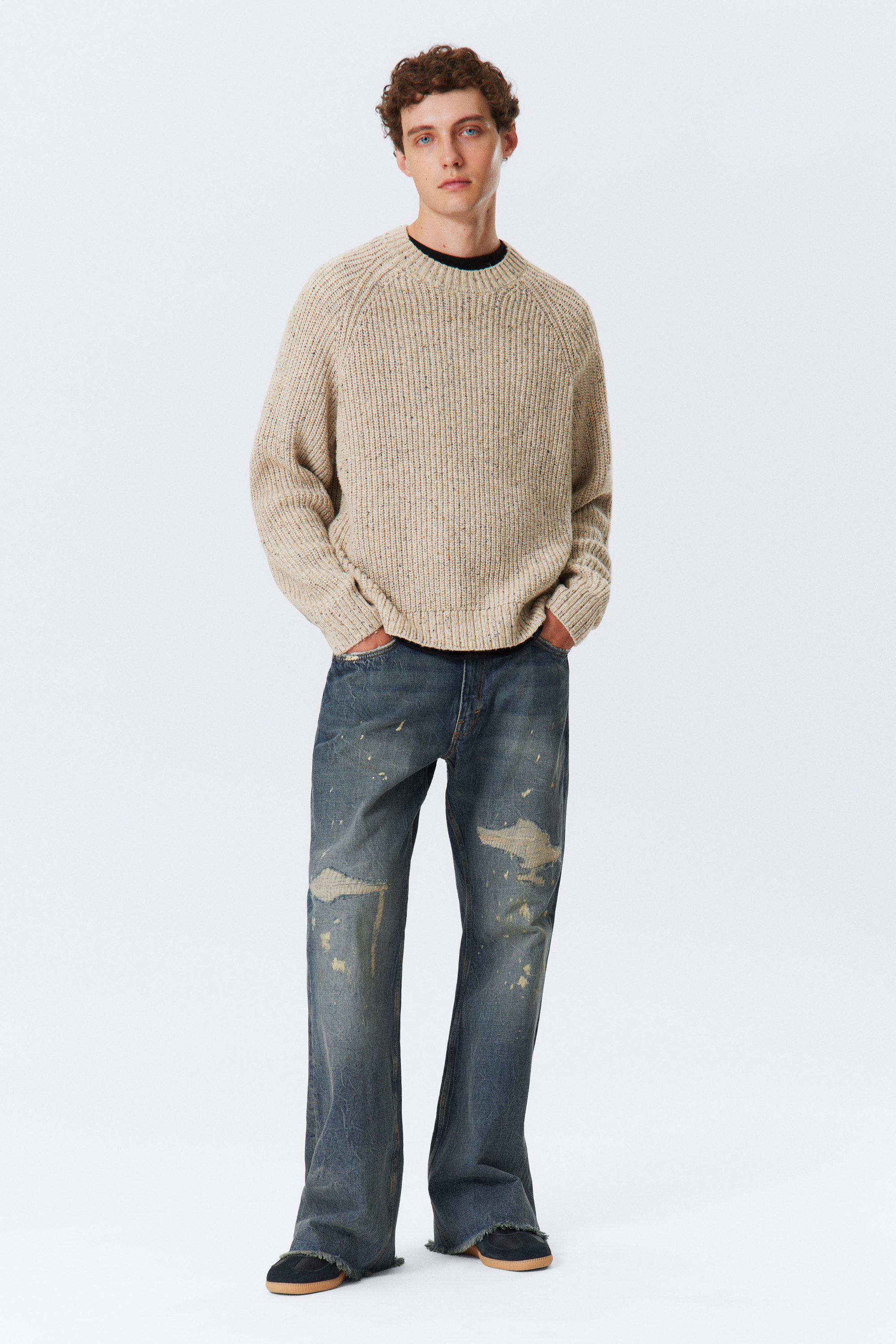 Dusty Ecru Melange - Relaxed Fit Nepped Knit Sweater - 2