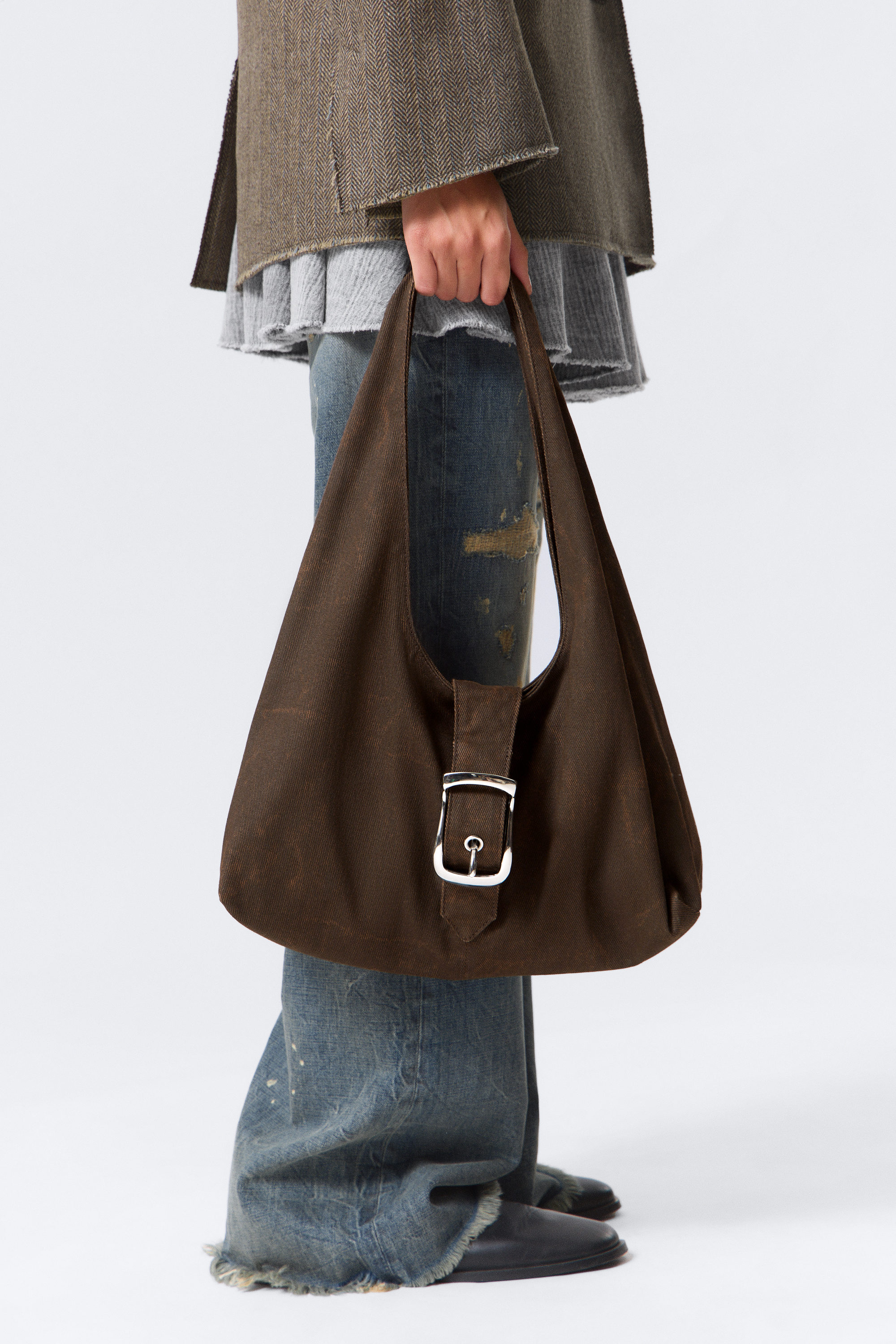 Brown - Structured Buckle Canvas Shoulder Bag - 2