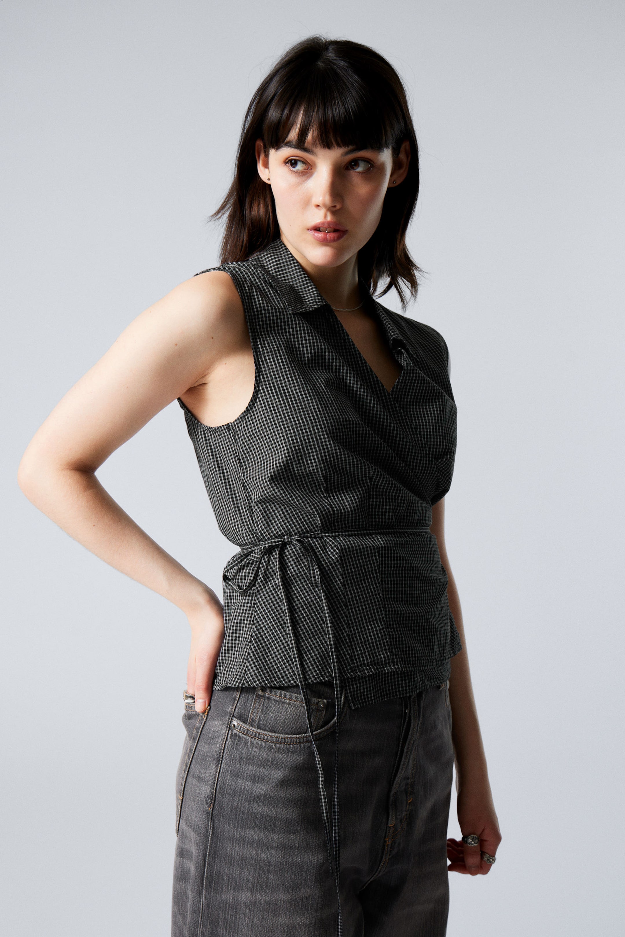 Checked Black - Sleeveless Cotton Wrap Top - 1
