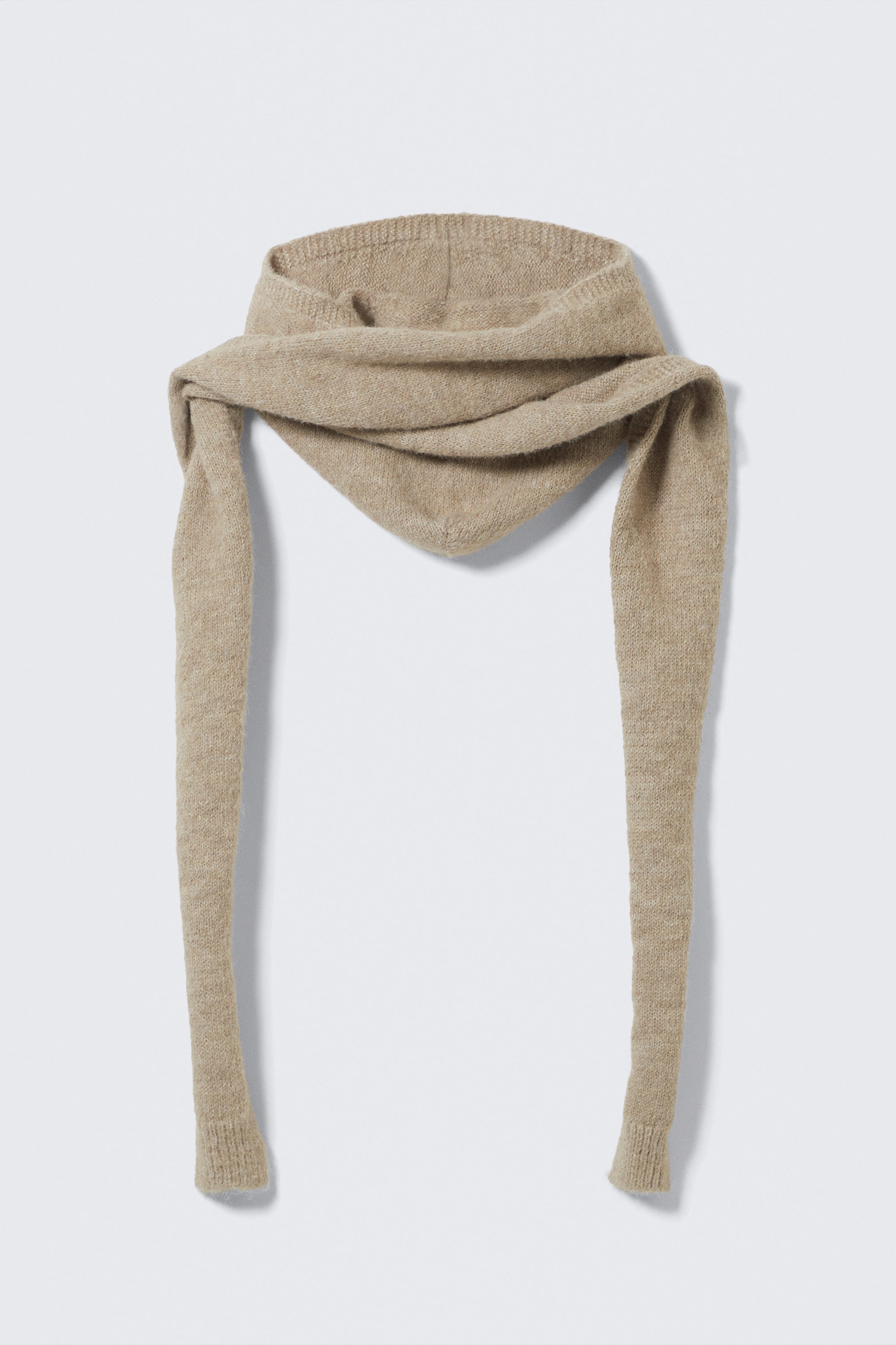 Beige - Knitted Tie Hood Scarf